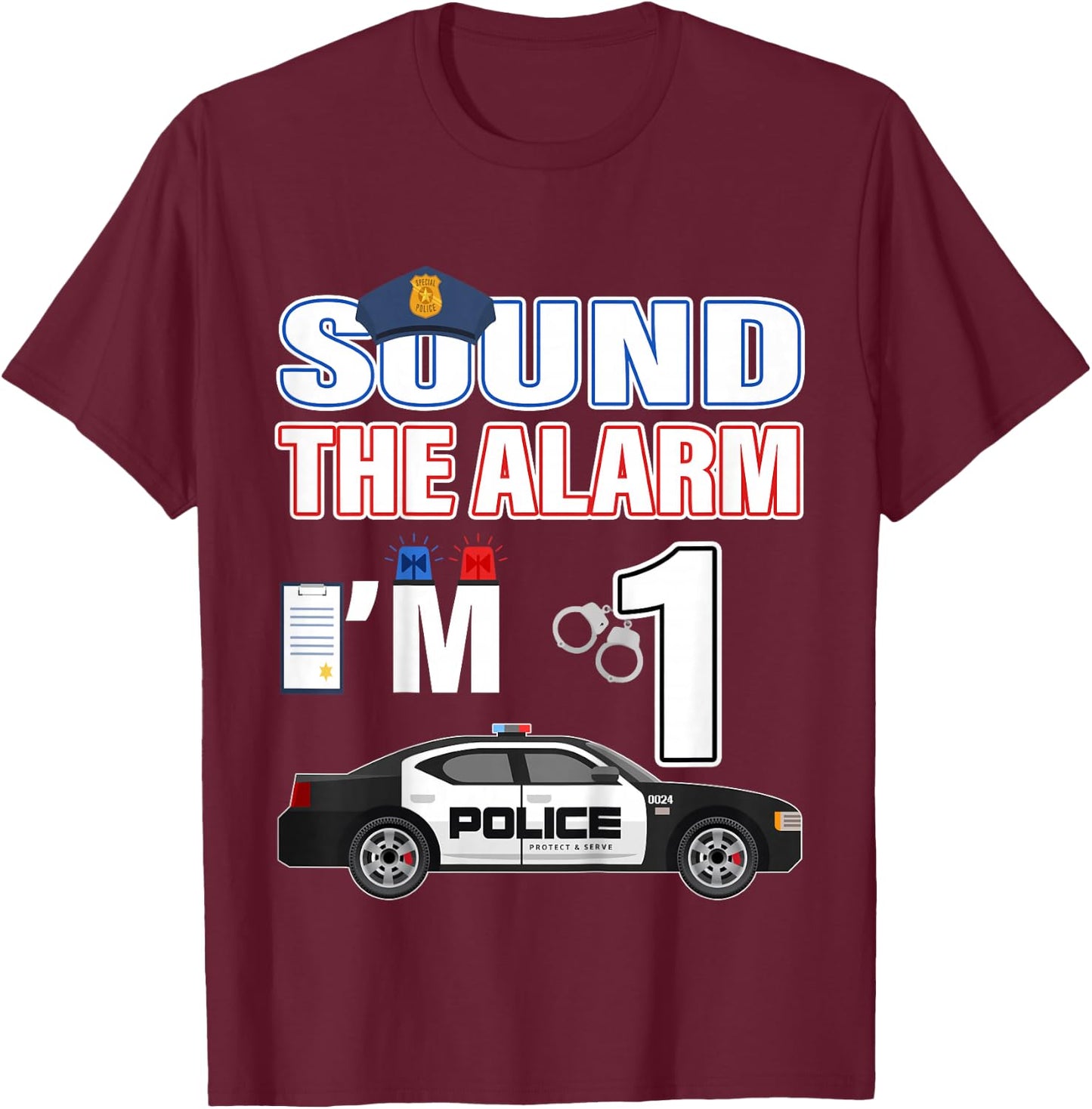 Police Car 1st Birthday Boy 1 year old Cop Policeman Officer T-Shirt - T-Shirt | Maroon