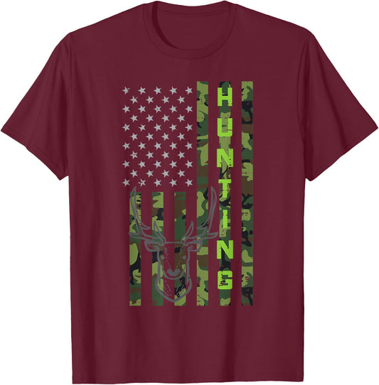 Deer Hunting Camo US Flag Hunter Buck America Men Women Kids T-Shirt - T-Shirt | Maroon
