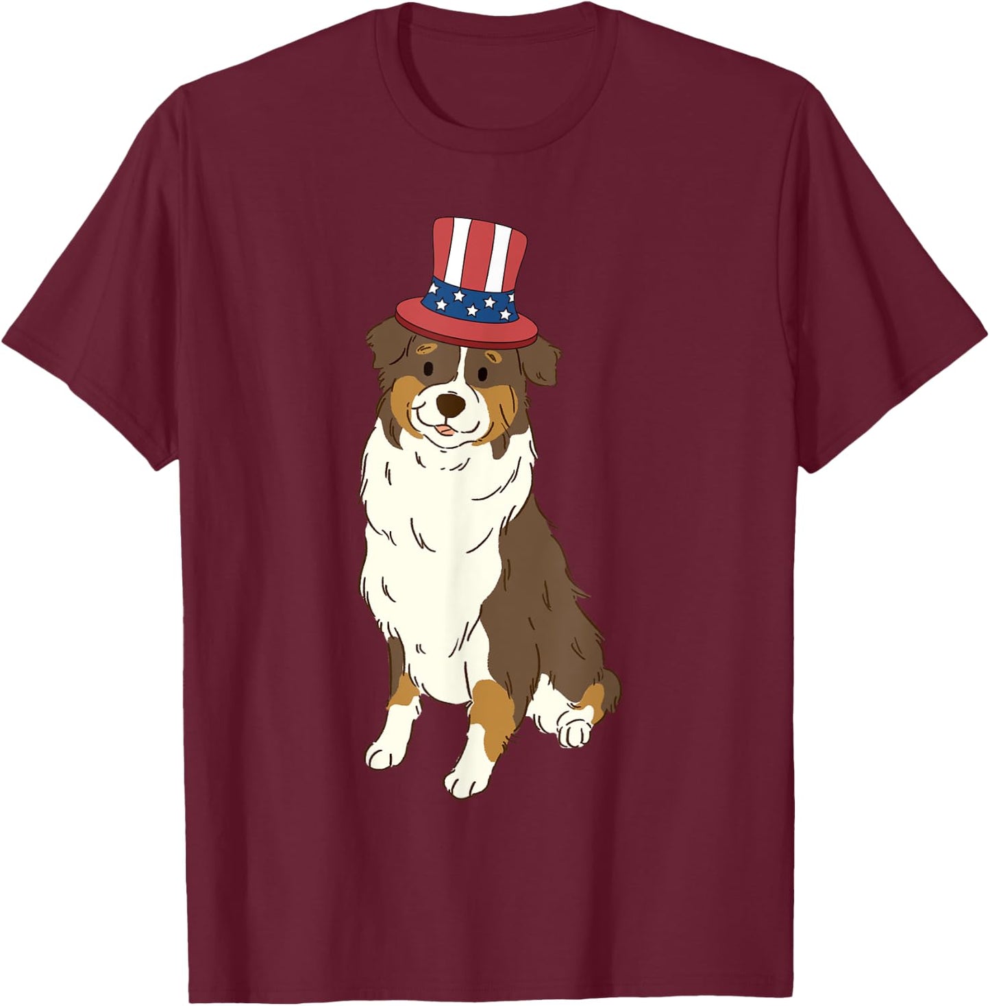 Red Tri Australian Shepherd Dog 4th of July US American Flag T-Shirt - T-Shirt | Maroon