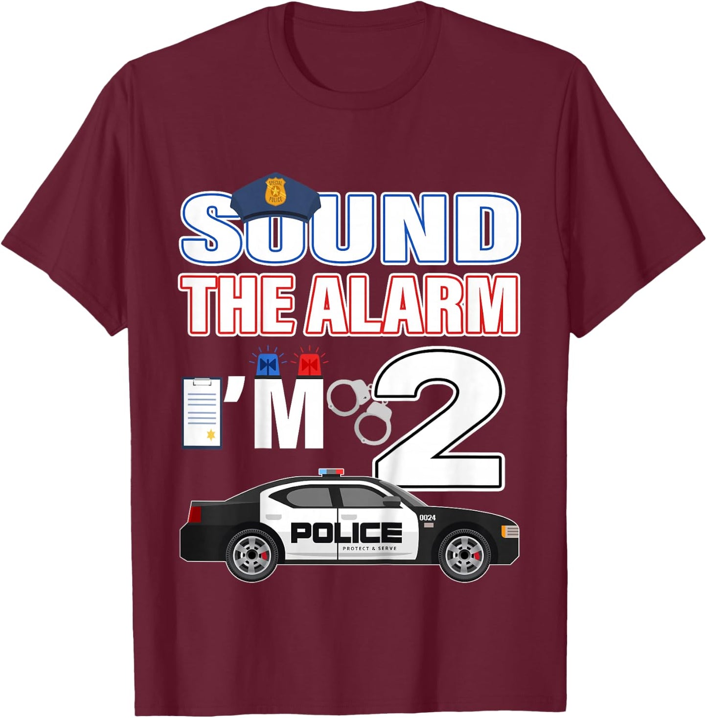Police Car 2nd Birthday Boy 2 year old Cop Policeman Officer T-Shirt - T-Shirt | Maroon
