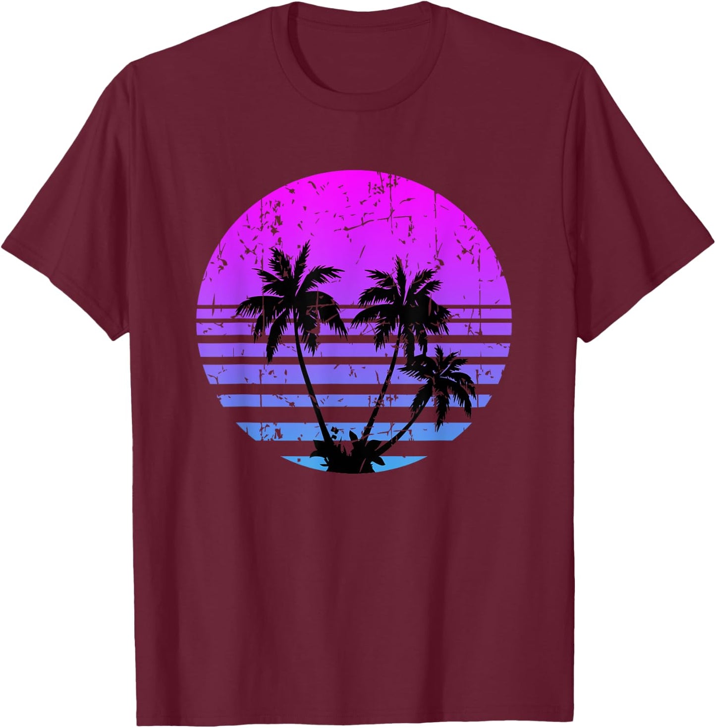 Retro Palm Trees Sunset Summer Vacation Beach T-Shirt - T-Shirt | Maroon