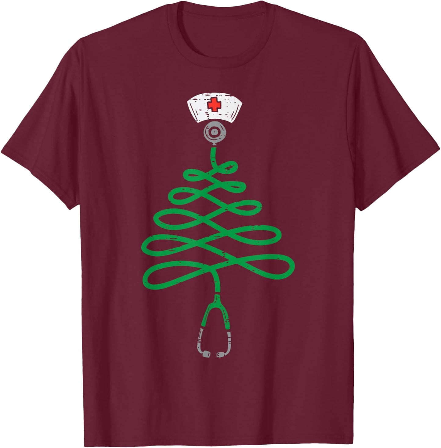 Stethoscope Christmas Tree Nurse Christmas Scrub Top Xmas T-Shirt - T-Shirt | Maroon