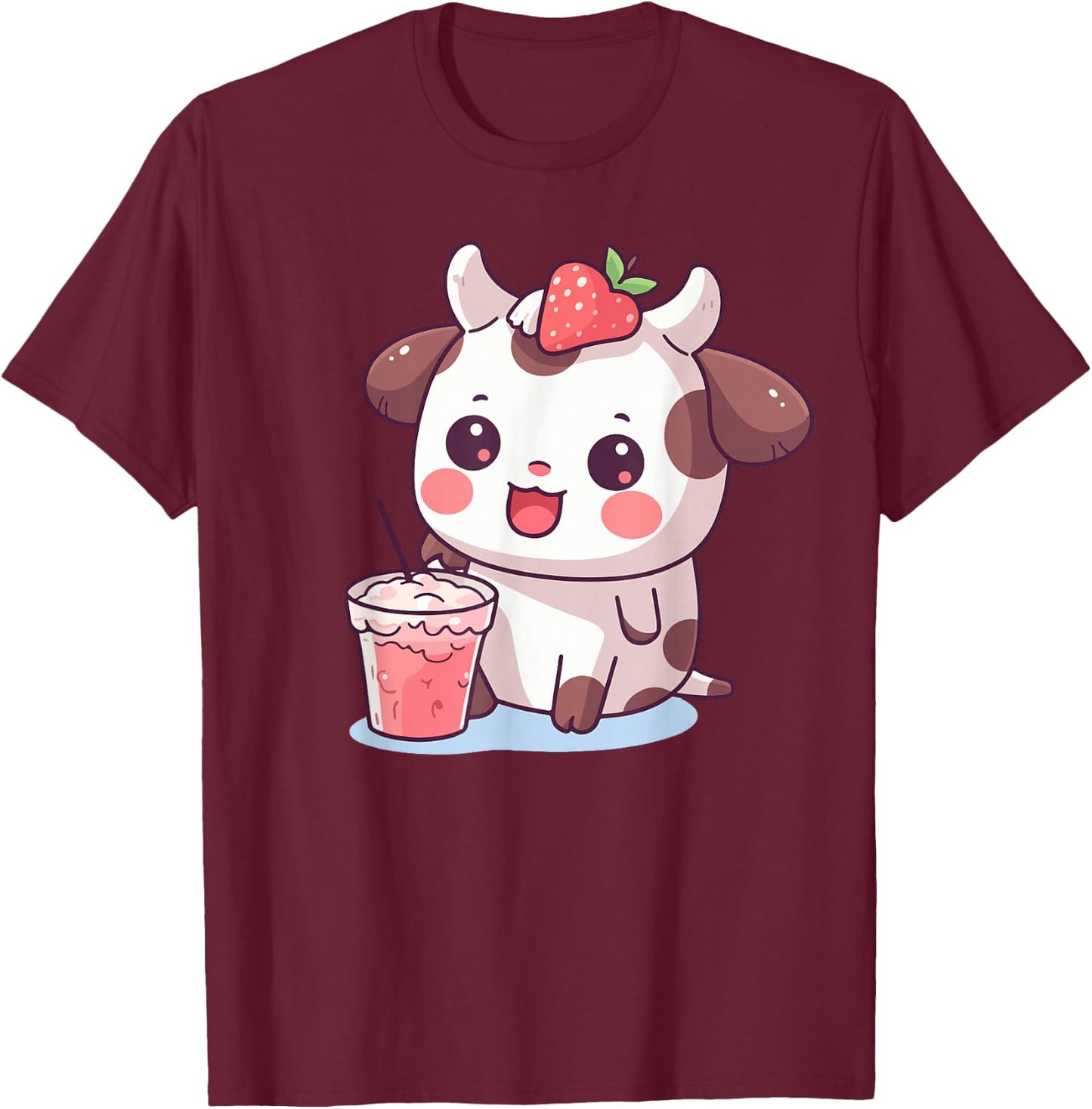 Cow Print Strawberry Milk Kids Toddler Teen Girl Cute Kawaii T-Shirt - T-Shirt | Maroon
