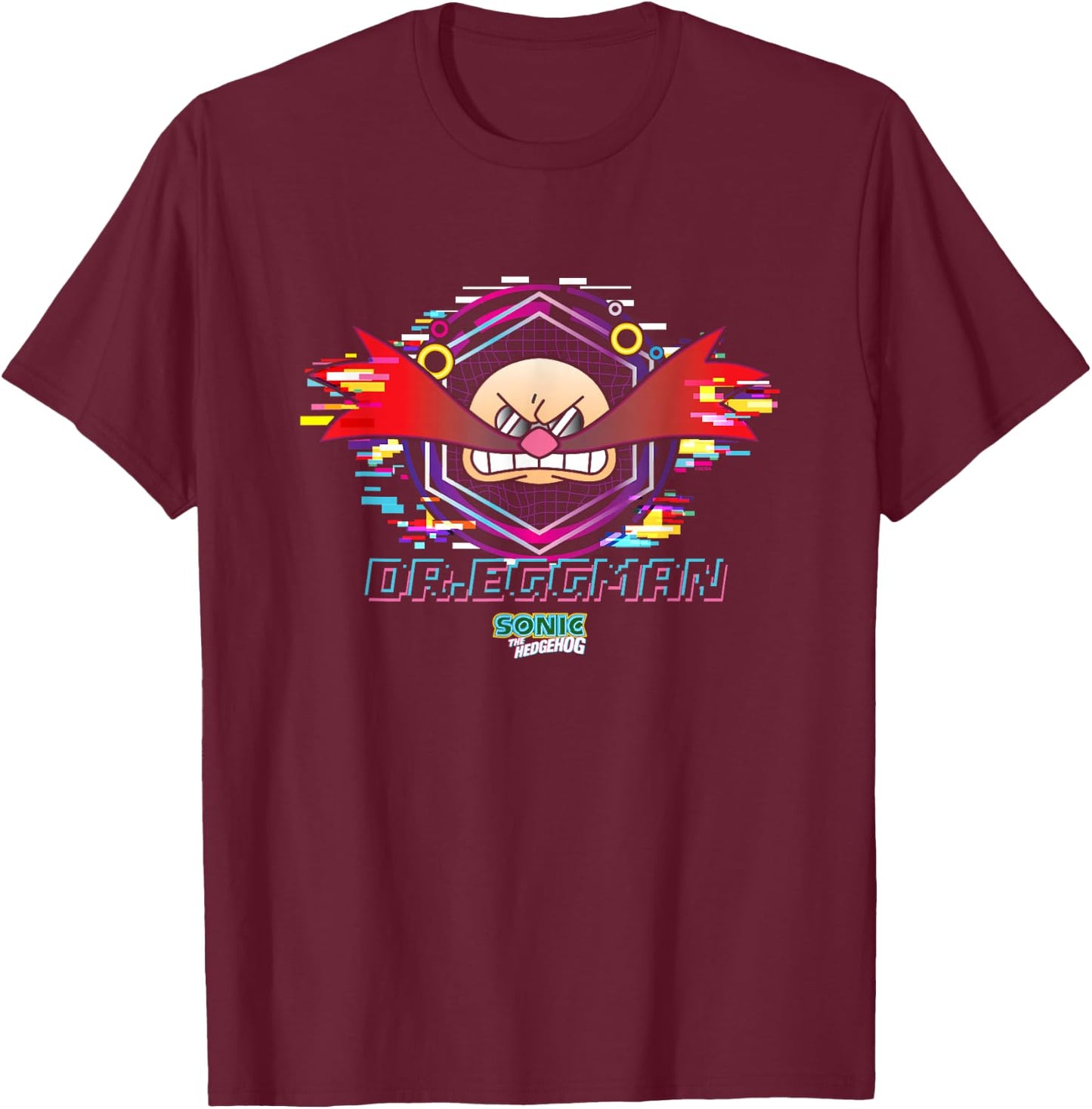 Sonic The Hedgehog Dr. Eggman Glitched Out Face Logo T-Shirt - T-Shirt | Maroon