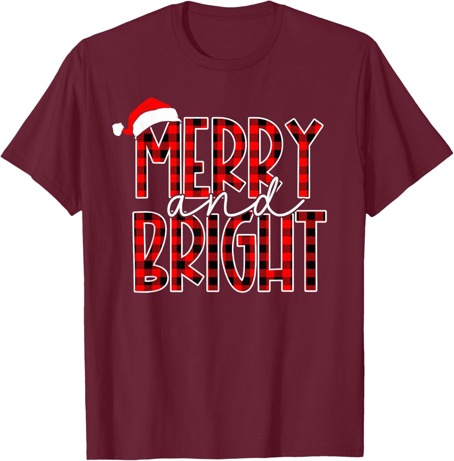 Merry and Bright Buffalo Plaid Red Santa Hat Christmas Xmas T-Shirt - T-Shirt | Maroon