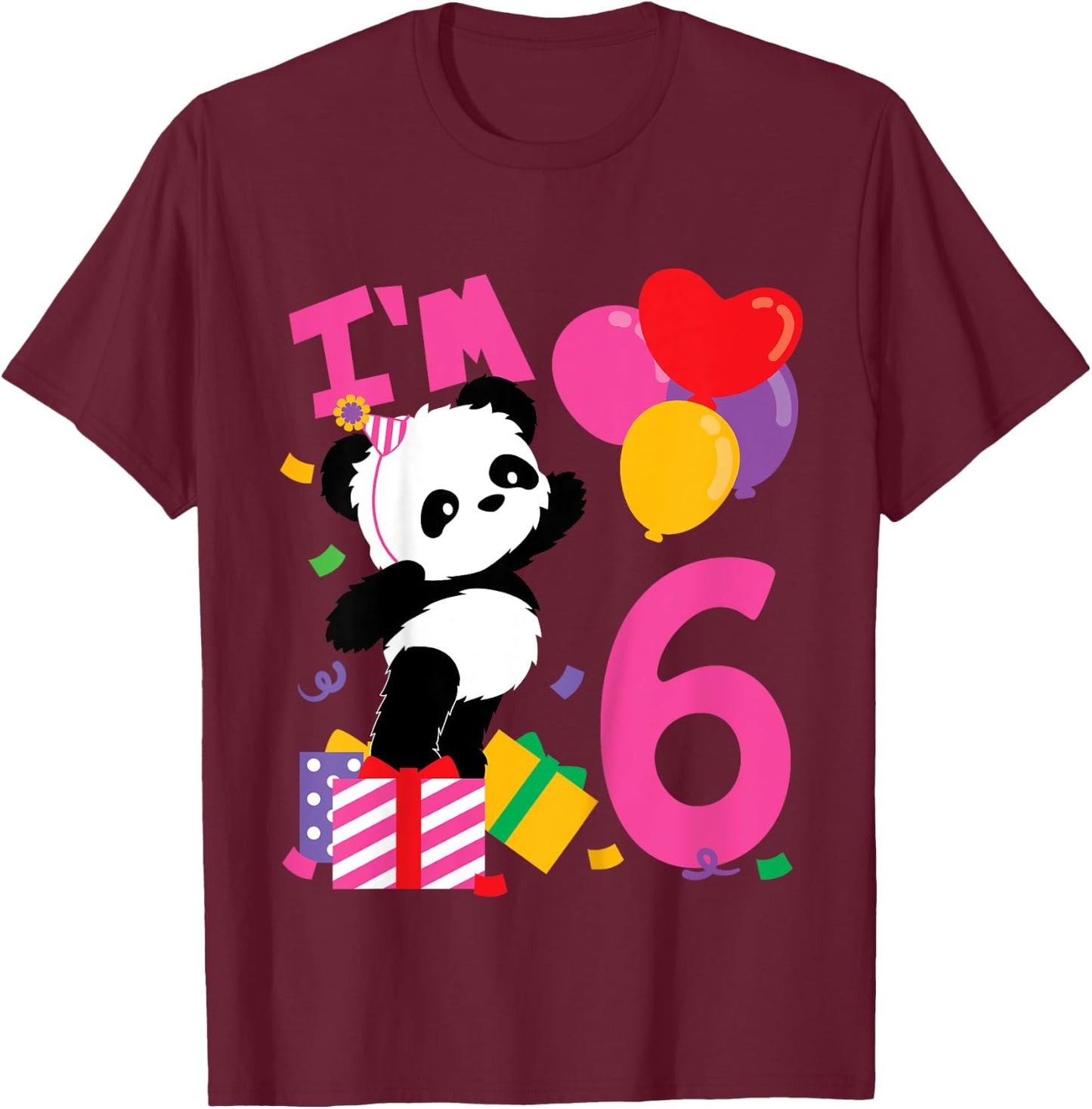 Kids 6 Years Old Girls Birthday Panda T-Shirt - T-Shirt | Maroon