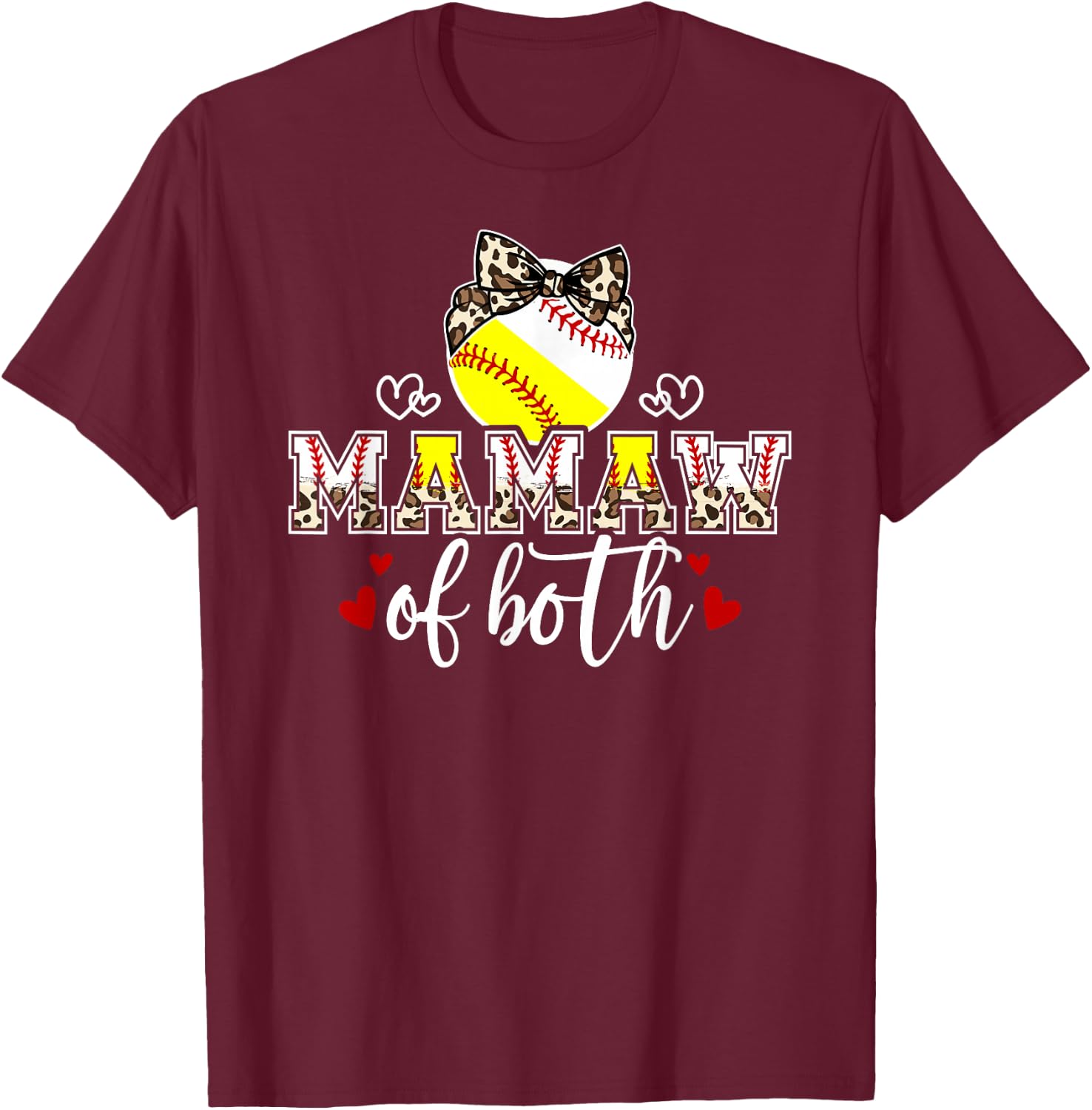 Mamaw Of Both Leopard Softball Baseball Mamaw Grandma T-Shirt - T-Shirt | Maroon