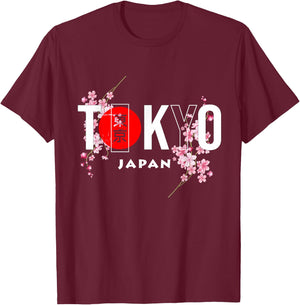 Tokyo & Japan Text with Calligraphy Insert + Sakura Flowers T-Shirt - T-Shirt | Maroon