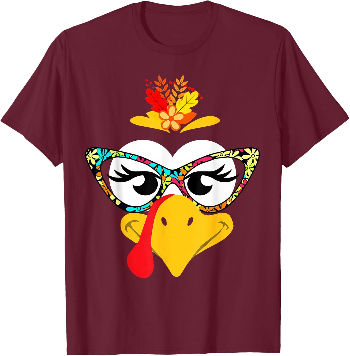 Thanksgiving Funny Turkey Face Colorful Floral Sunglasses T-Shirt - T-Shirt | Maroon