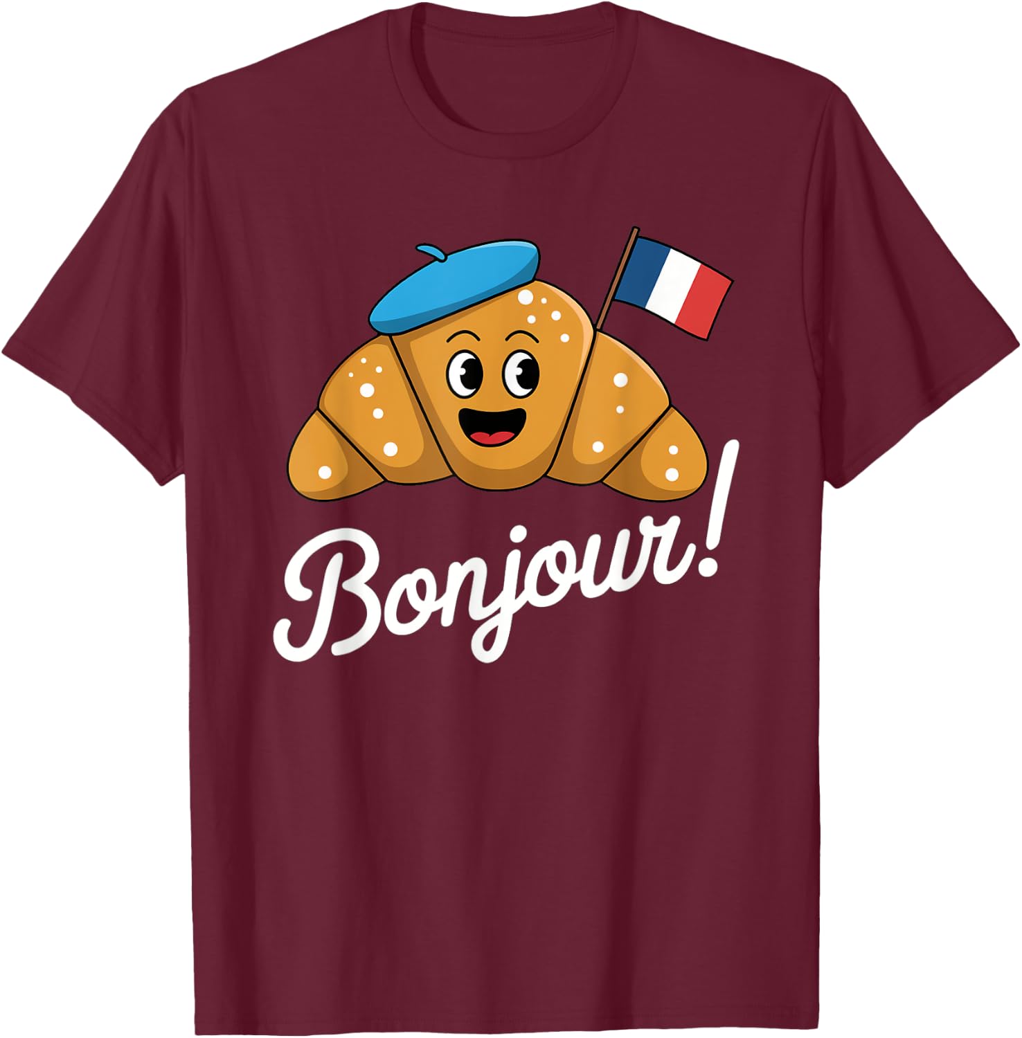 Hello Croissant Cartoon French Pastry Humor Croissant Cute T-Shirt - T-Shirt | Maroon