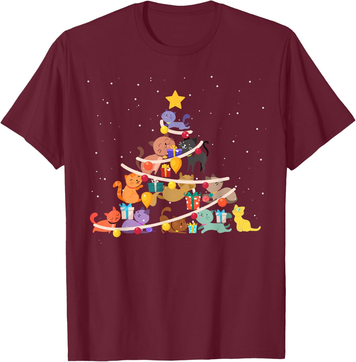 Funny Cat Christmas Tree Cute Cats Design Women Men Girl Boy T-Shirt - T-Shirt | Maroon