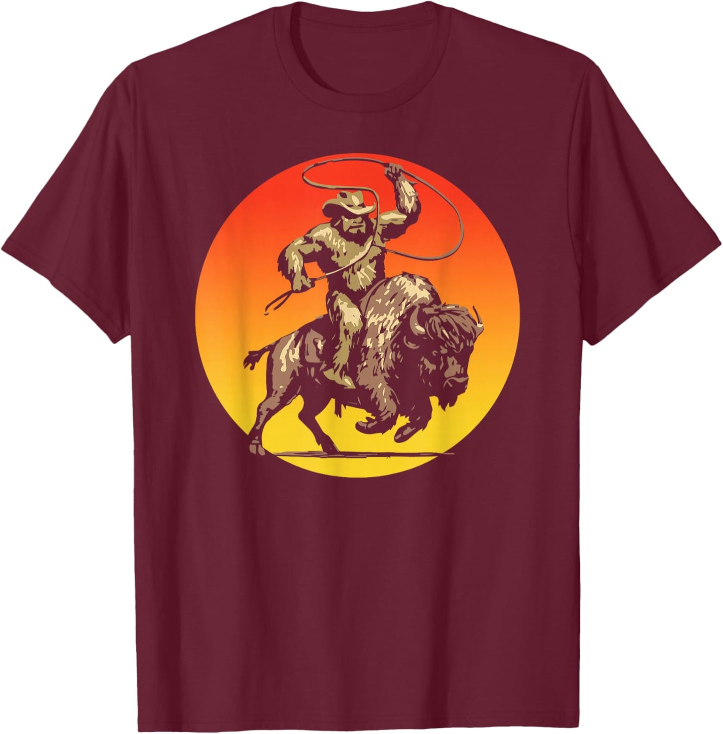Sasquatch on a Bison Bigfoot Buffalo Outdoor Western T-Shirt - T-Shirt | Maroon