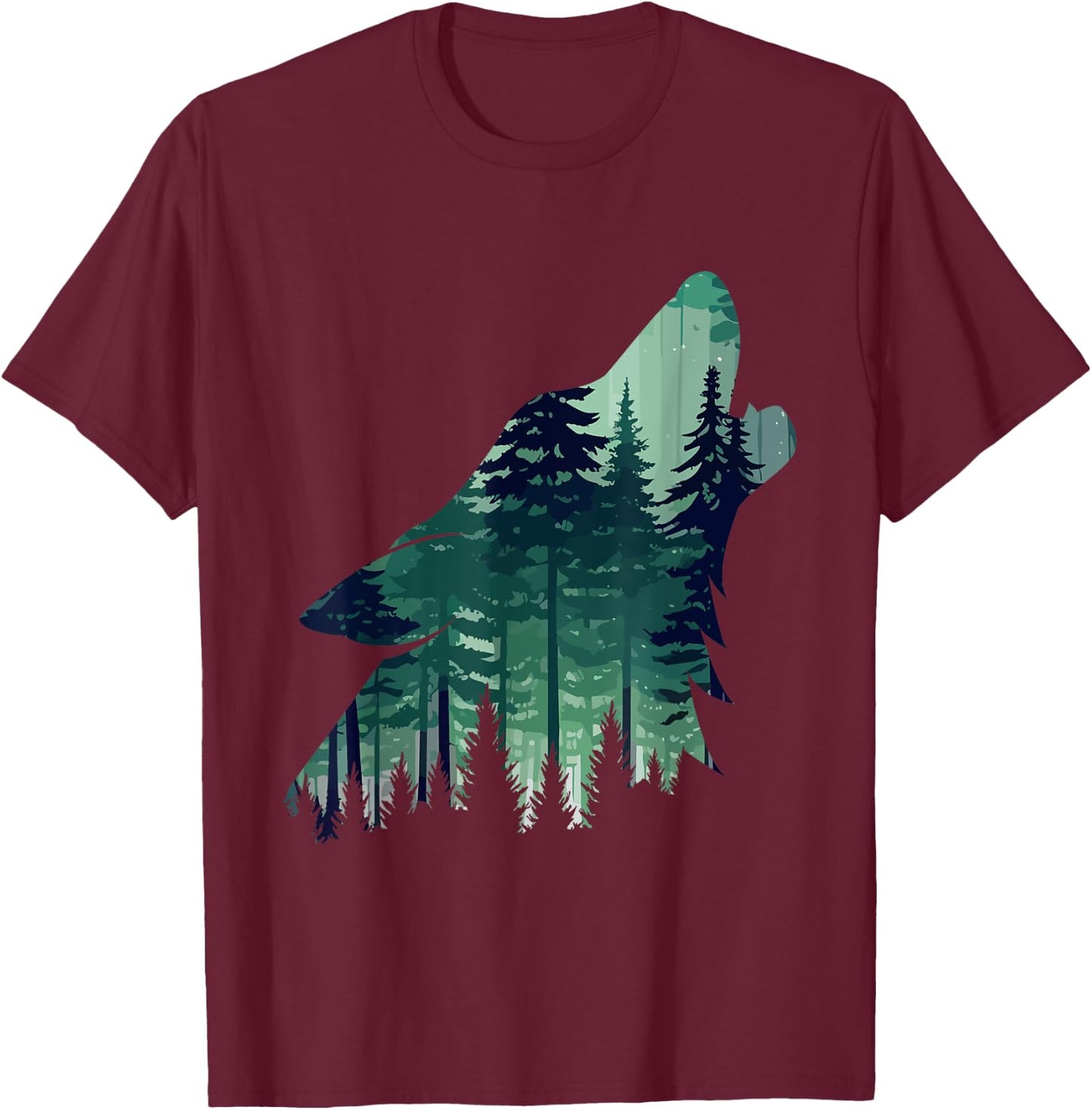 Landscape Animal Art Nature Forest Wolf Howling , Black, S T-Shirt - T-Shirt | Maroon