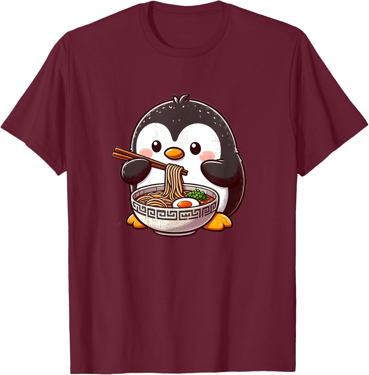 Cute Penguin Eating Ramen With Chopsticks , Black, S T-Shirt - T-Shirt | Maroon