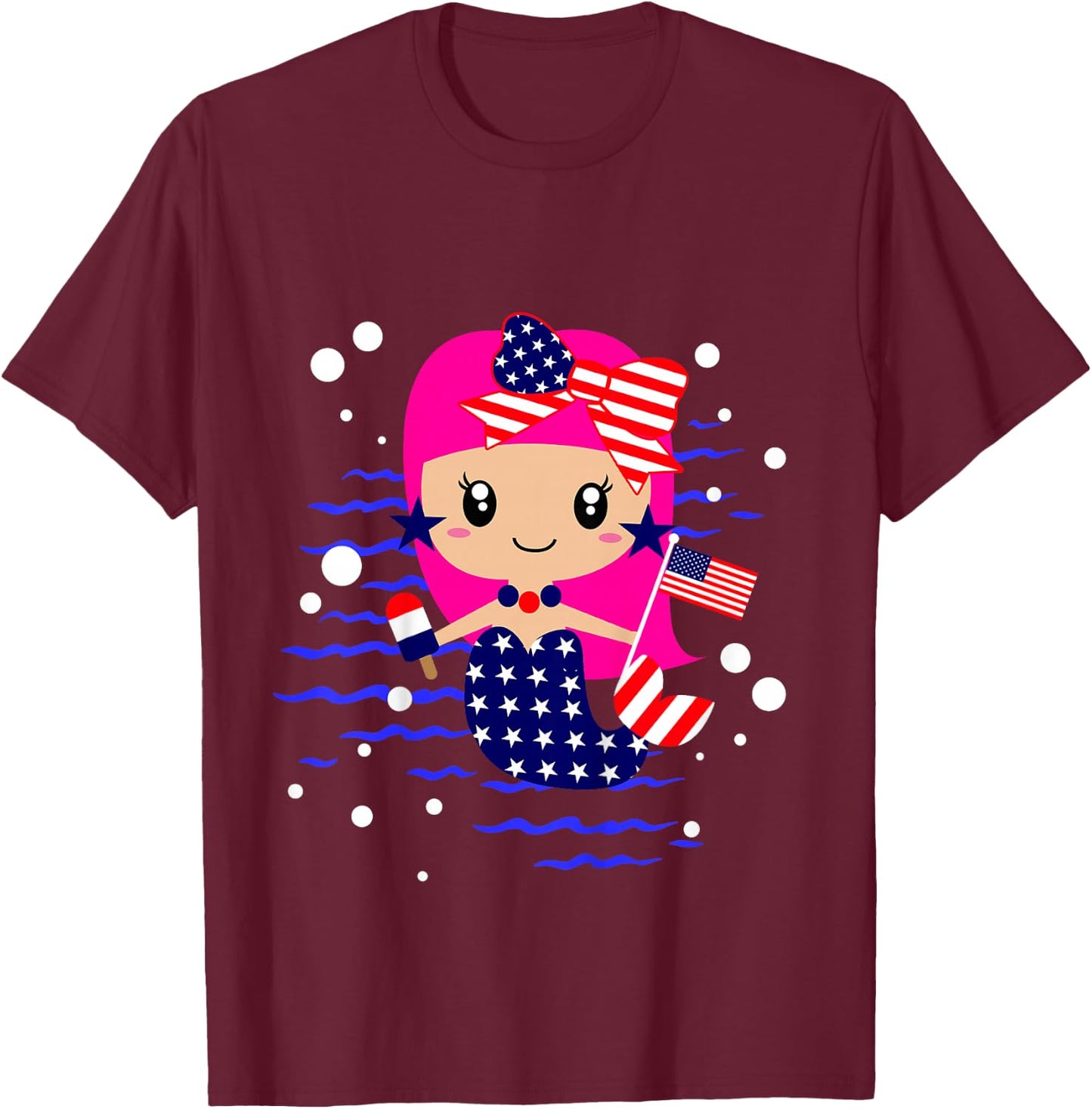 Girls 4th of July Cute Mermaid Toddler Patriotic Baby Flag T-Shirt - T-Shirt | Maroon