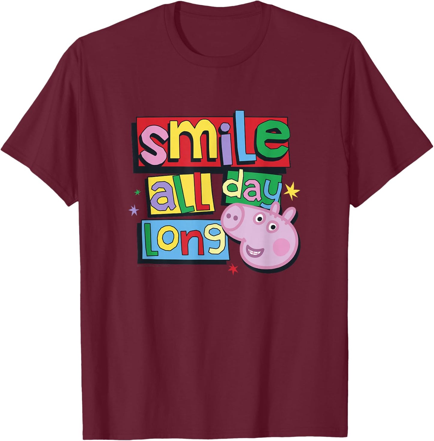 Peppa Pig Smile All Day Long Cute Colorful Portrait T-Shirt - T-Shirt | Maroon