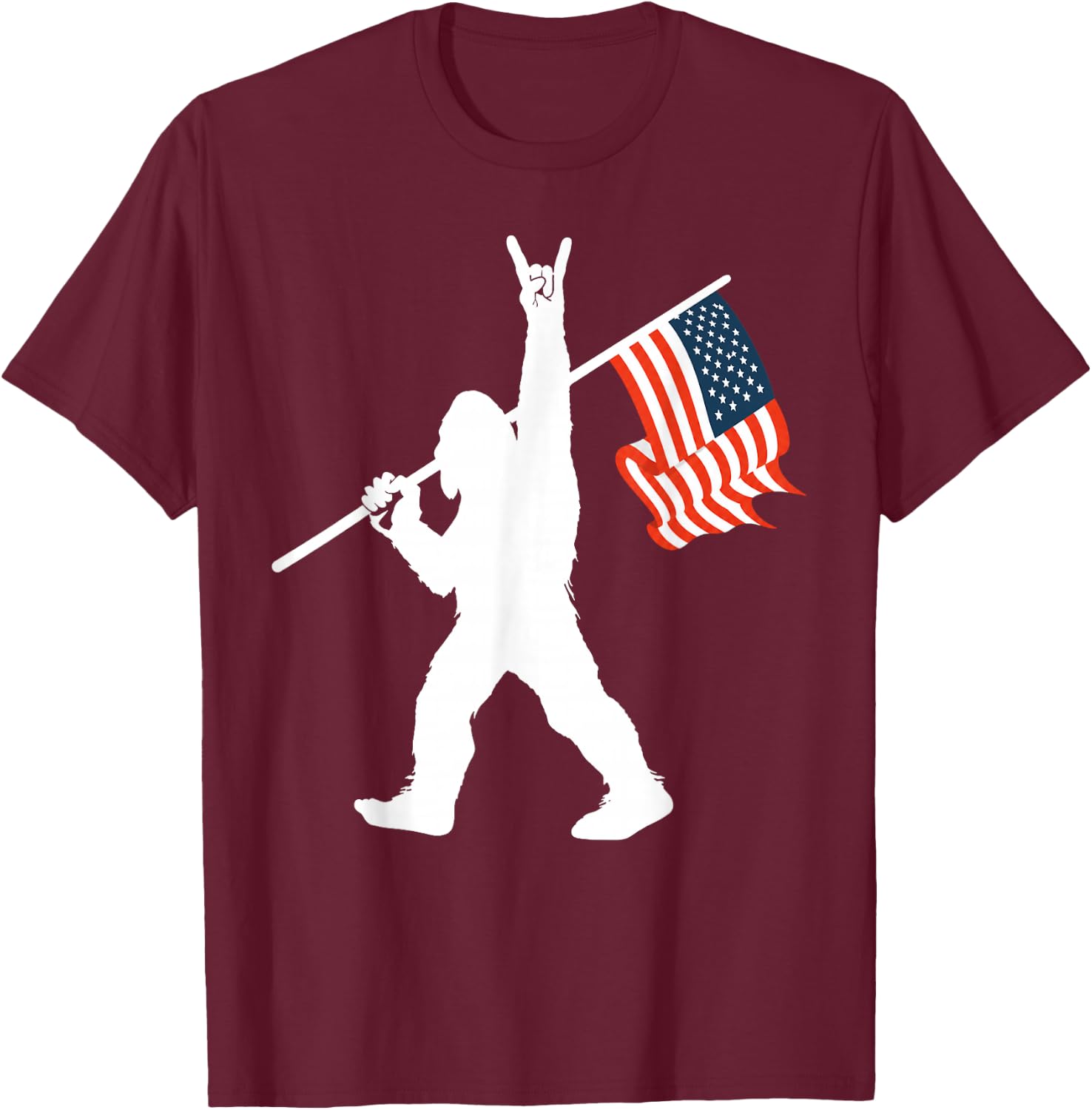 Big Foot Bigfoot Sasquatch American Flag Patriotic 4th July T-Shirt - T-Shirt | Maroon