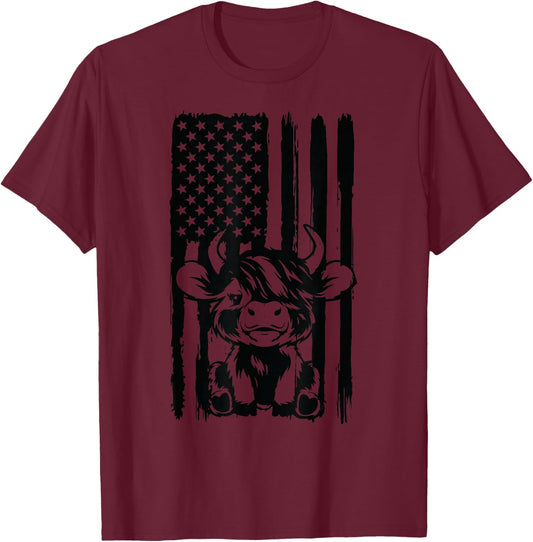 Highland Cow baby American Flag USA Patriot T-Shirt - T-Shirt | Maroon