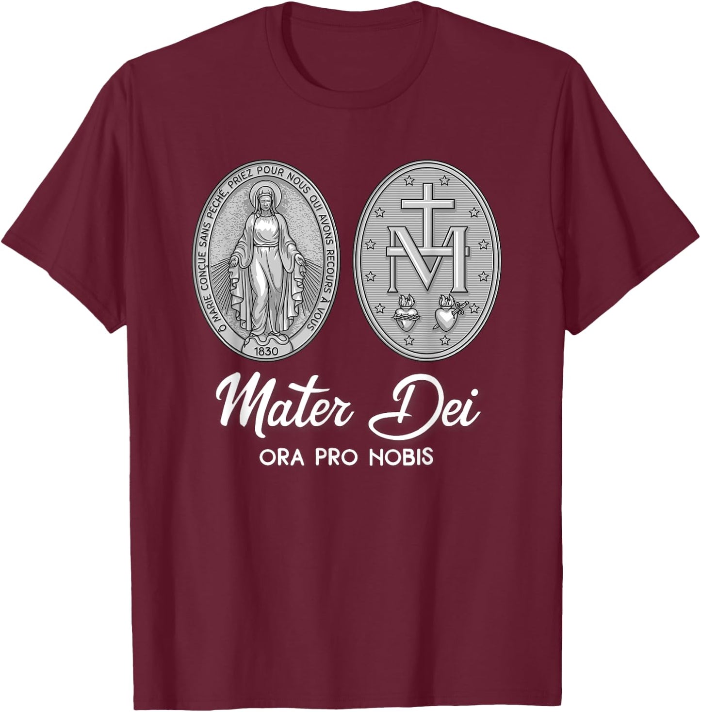 Miraculous Medal Marian Our Lady Catholic T-Shirt - T-Shirt | Maroon