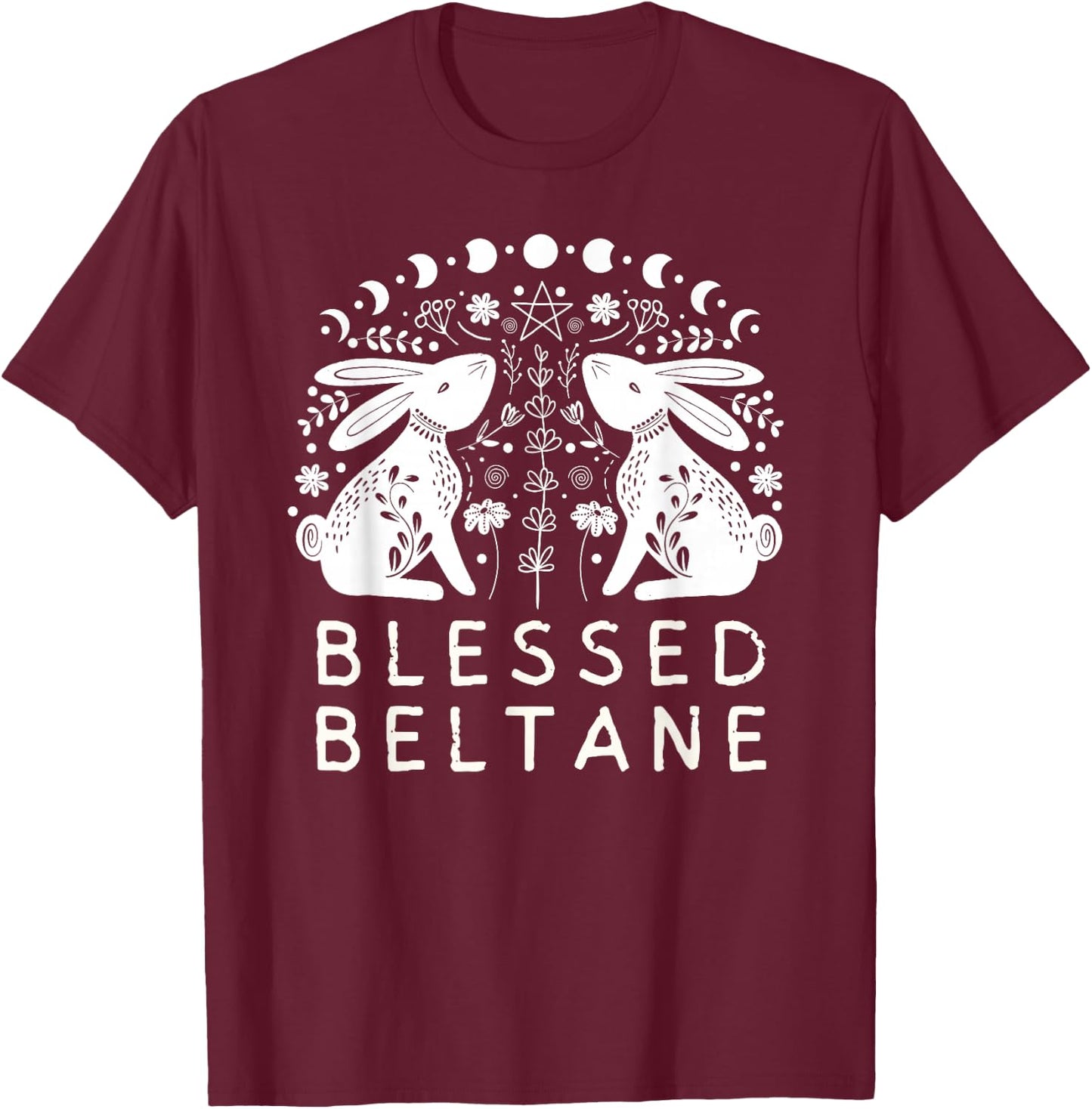 Pagan Rabbits and Flowers Beltane Blessings Paganism T-Shirt - T-Shirt | Maroon