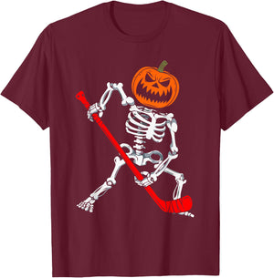 Skeleton Ice Hockey Halloween Pumpkin Hockey Boys Kids T-Shirt - T-Shirt | Maroon