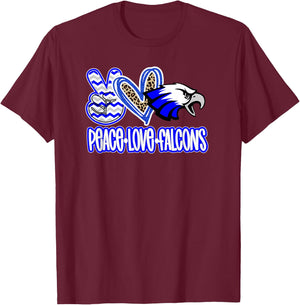 Peace Love Falcons School Spirit Blue White Falcons Mom T-Shirt - T-Shirt | Maroon