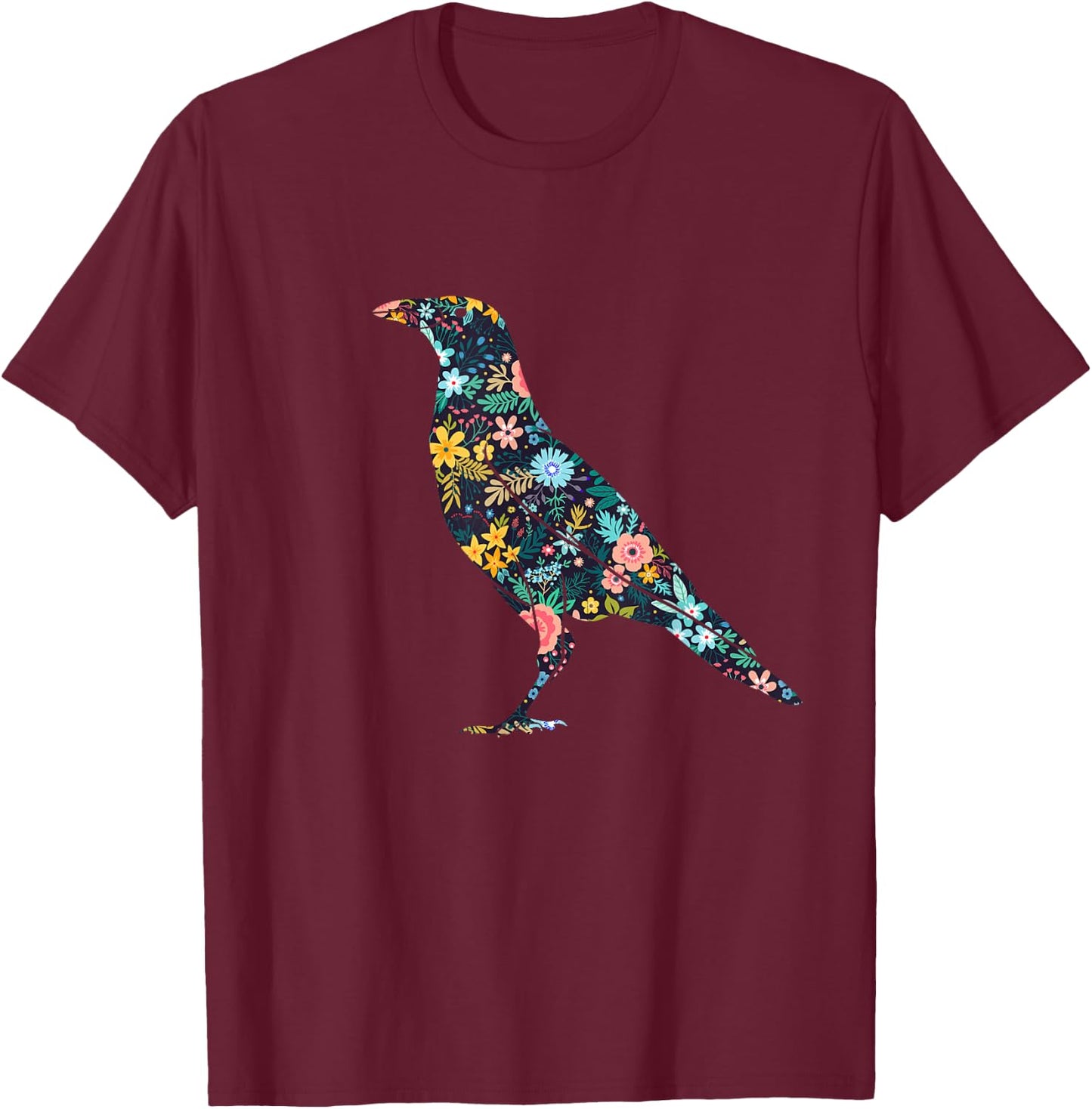 Floral Crow Silhouette Girls Graphic Raven T-Shirt - T-Shirt | Maroon
