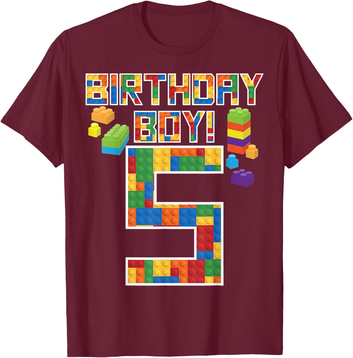 Cute 5th Birthday Gift 5 Years Old Block Building Boys Kids T-Shirt - T-Shirt | Maroon
