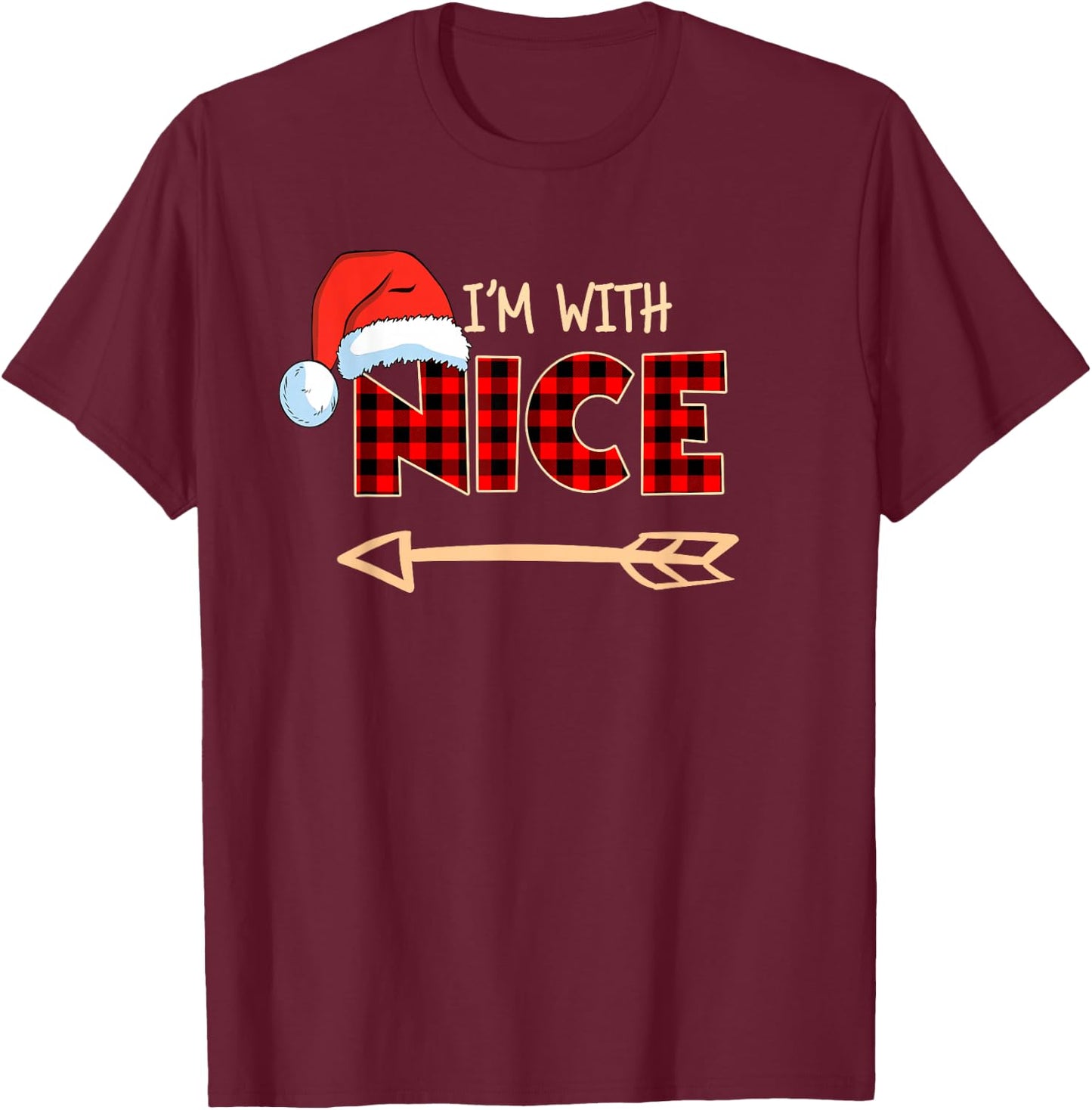 Naughty or Nice Christmas Couple I'm With Nice Red Plaid T-Shirt - T-Shirt | Maroon