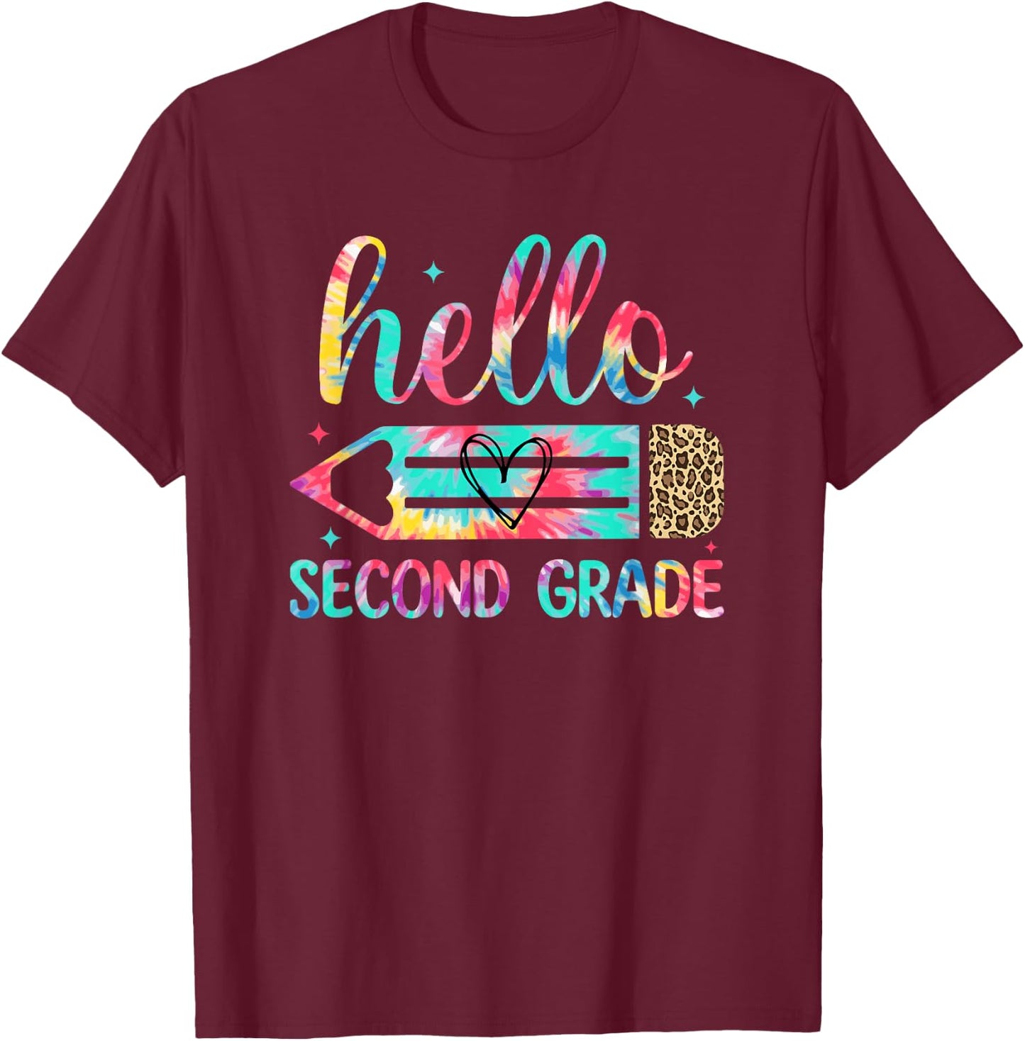 Back to School Hello Second 2nd Grade Leopard Tie Dye Pencil T-Shirt - T-Shirt | Maroon