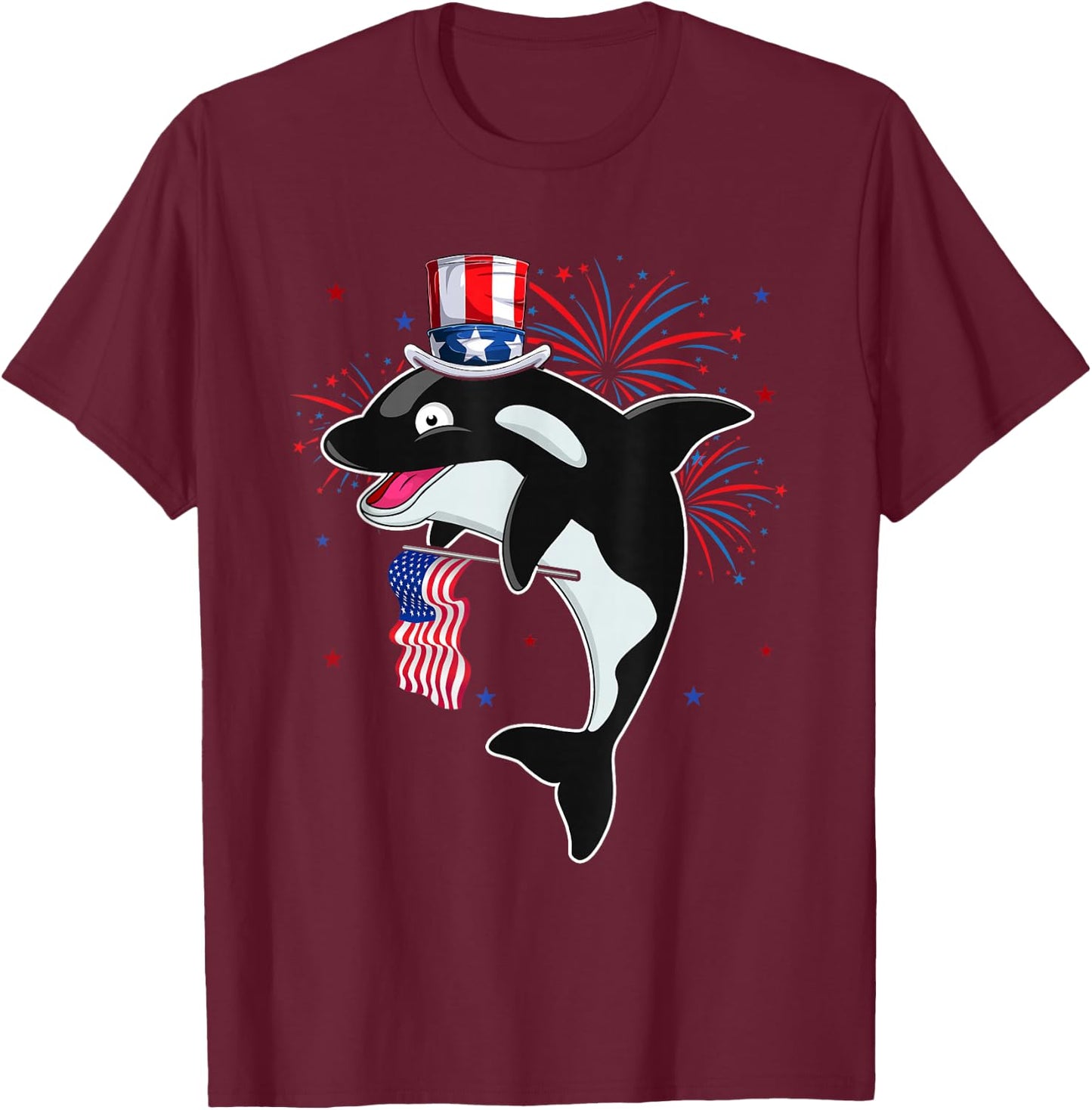 Orca Costume American Flag 4th of July Fireworks Lover T-Shirt - T-Shirt | Maroon