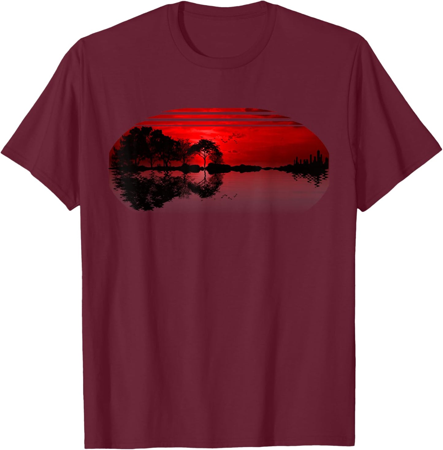 Guitar Sunset Sky Trees City Lake Reflection Special Design T-Shirt - T-Shirt | Maroon