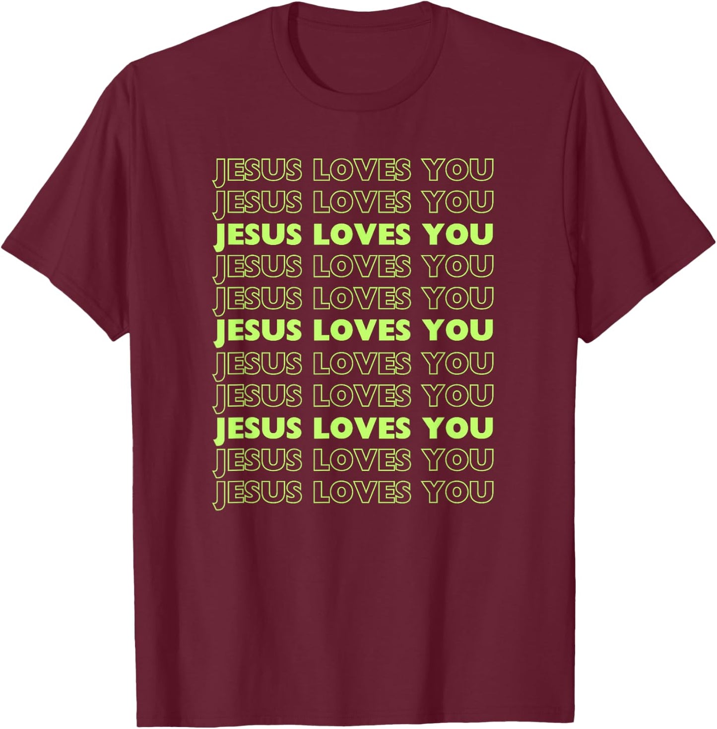 Jesus Loves You with lime green letters Christian T-Shirt - T-Shirt | Maroon
