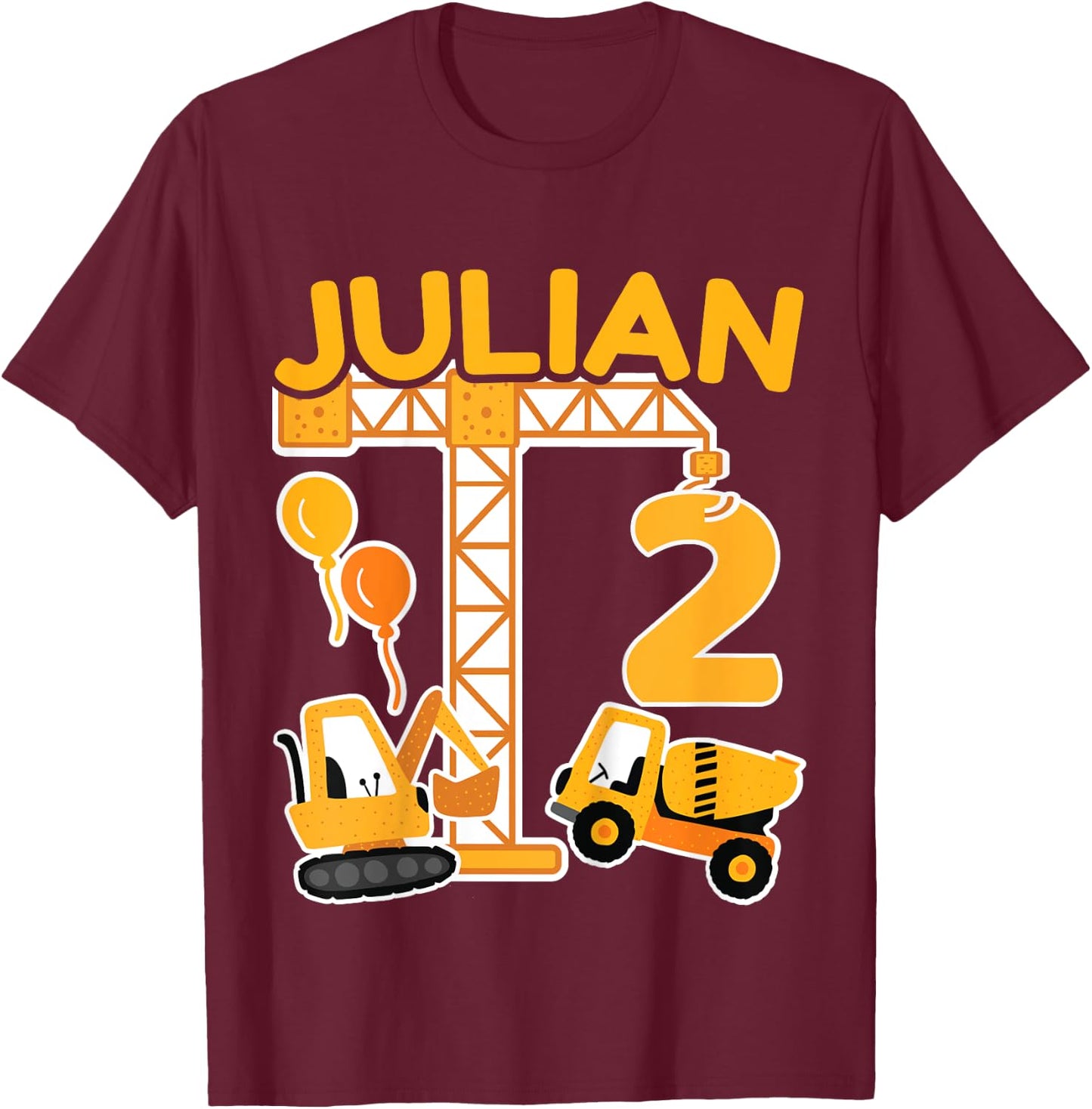 Children's 2nd Birthday First Name Julian Excavator Decoration Gift Boys , black T-Shirt - T-Shirt | Maroon