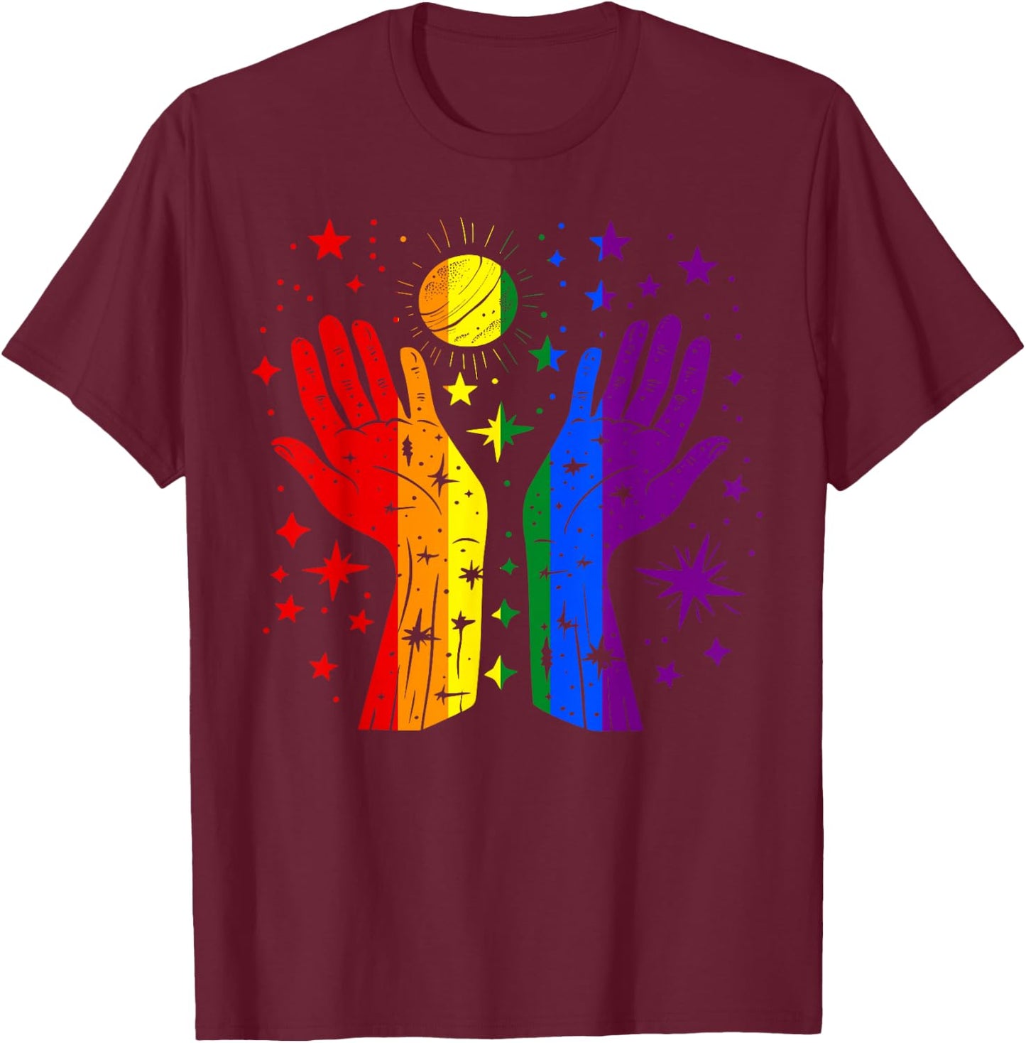 Rainbow Hands with Sun and Stars Gay Pride LGBT T-Shirt - T-Shirt | Maroon