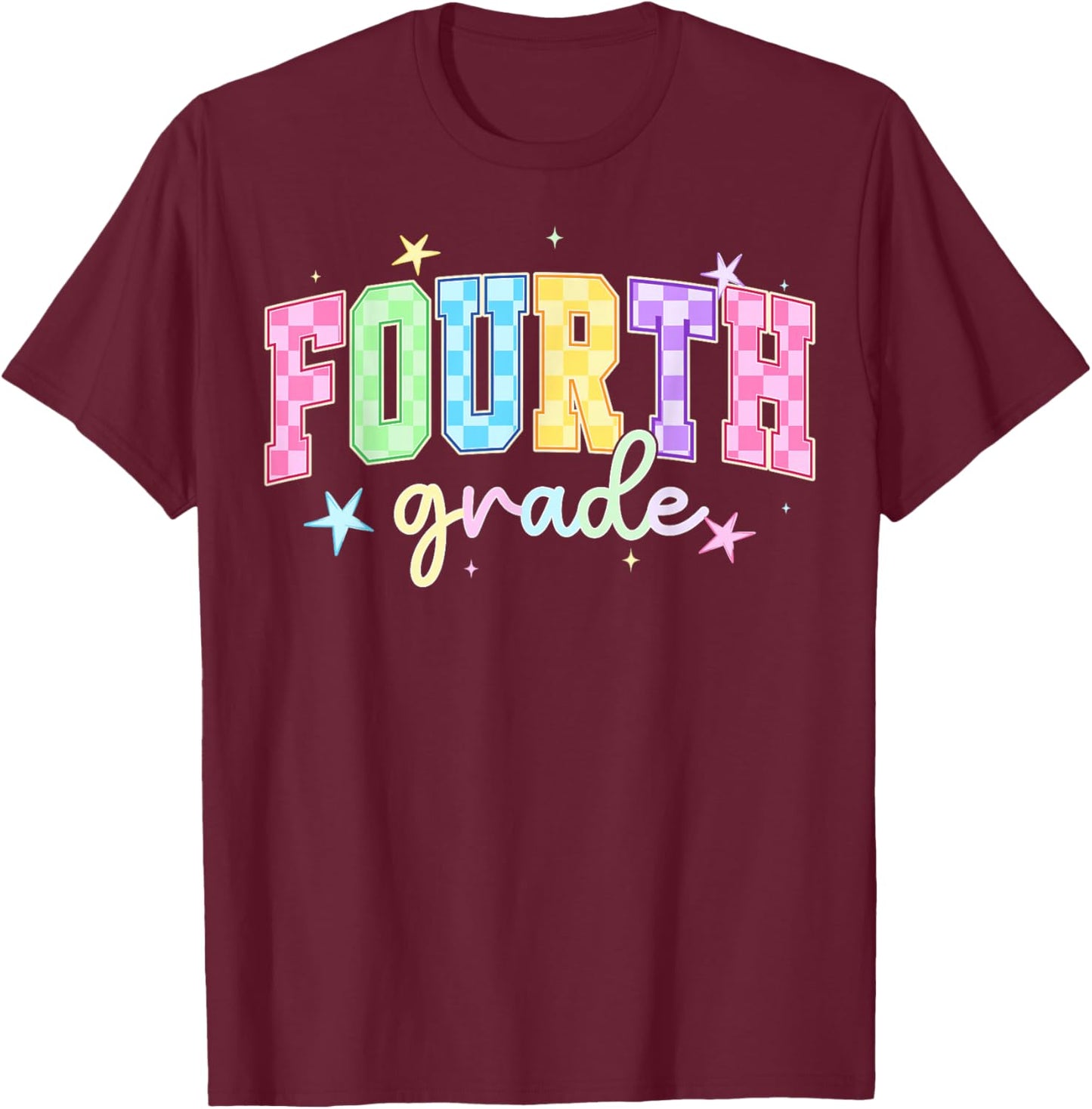Back to School Checkered Fourth Grade Team Teacher Students T-Shirt - T-Shirt | Maroon