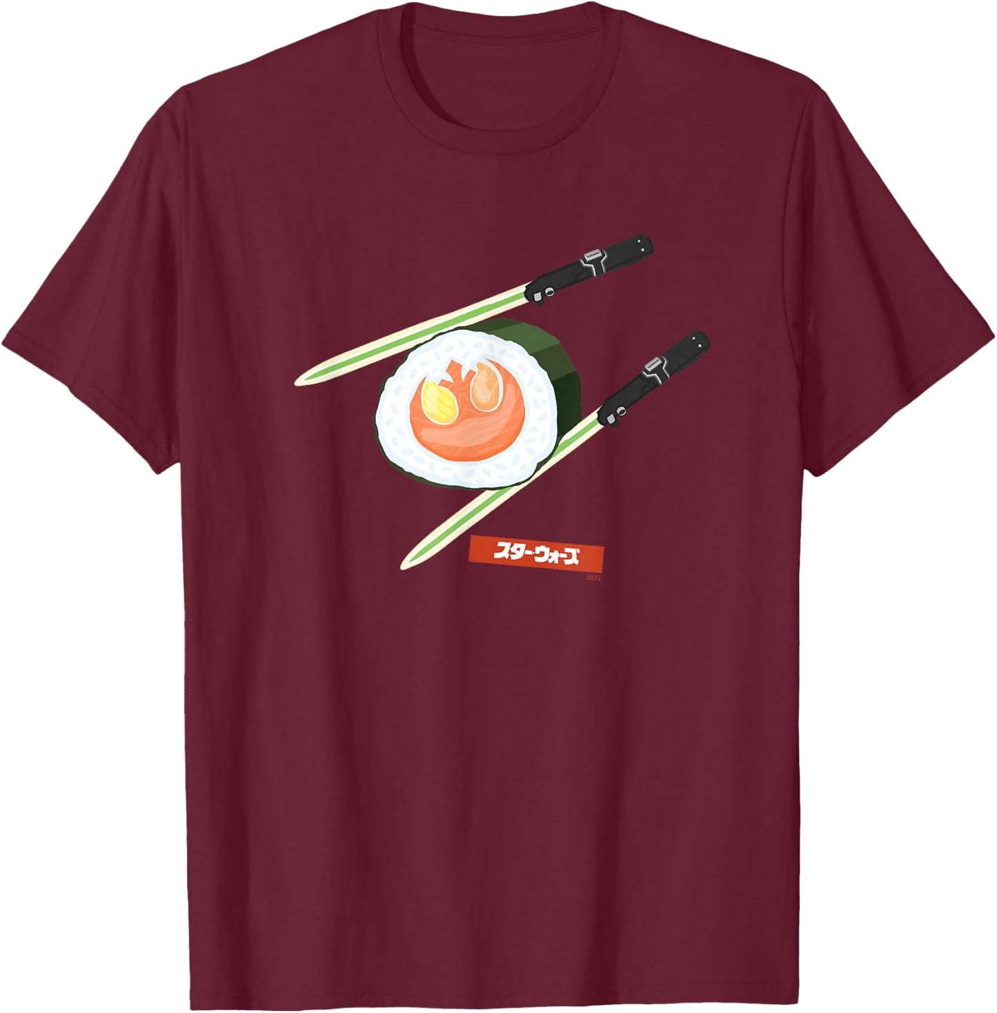 Star Wars Treats Rebel Symbol Sushi & Lightsaber Chopsticks T-Shirt - T-Shirt | Maroon