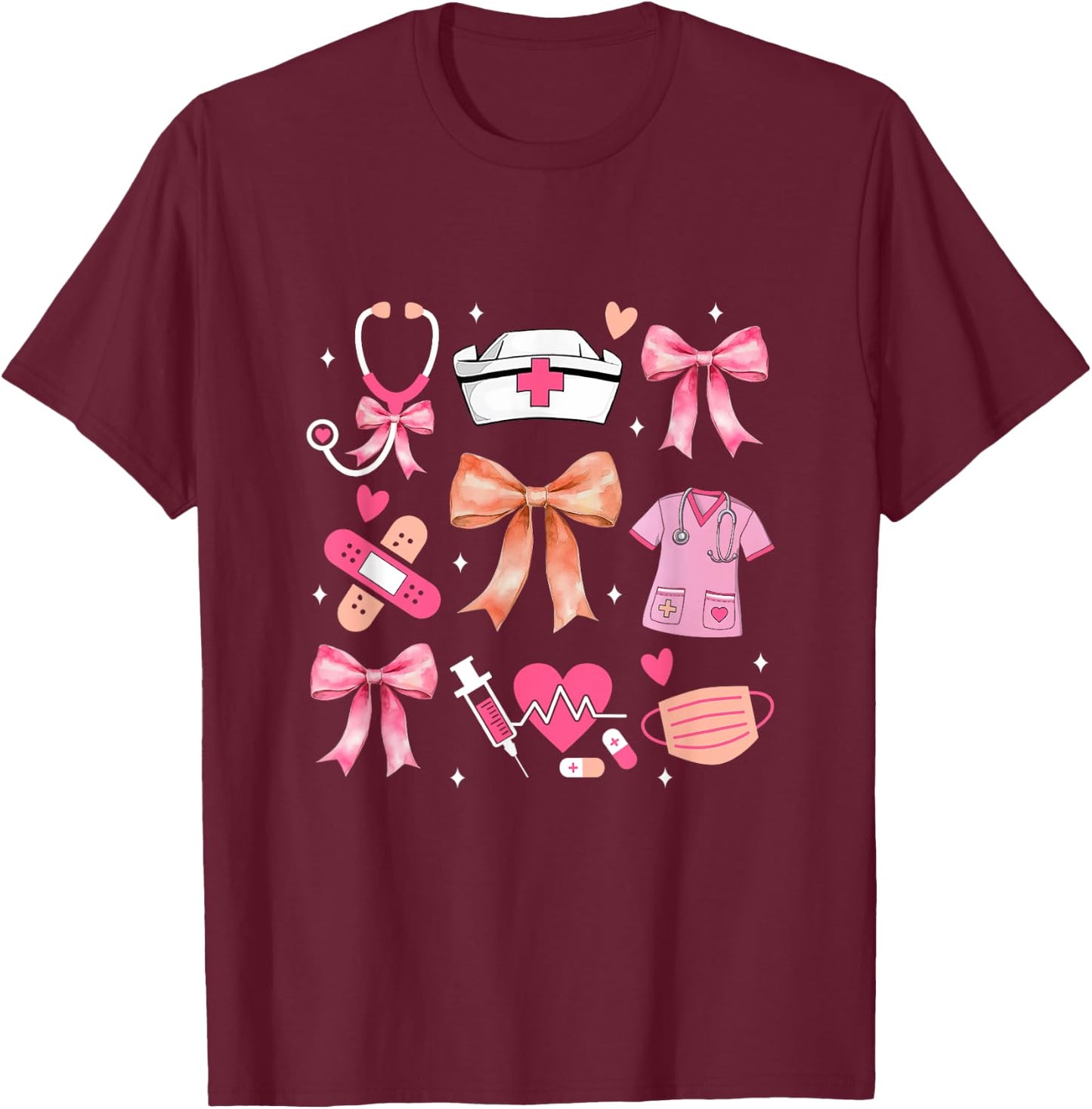 Cute Pink Coquette Bow Nurse Life Nursing Design T-Shirt - T-Shirt | Maroon