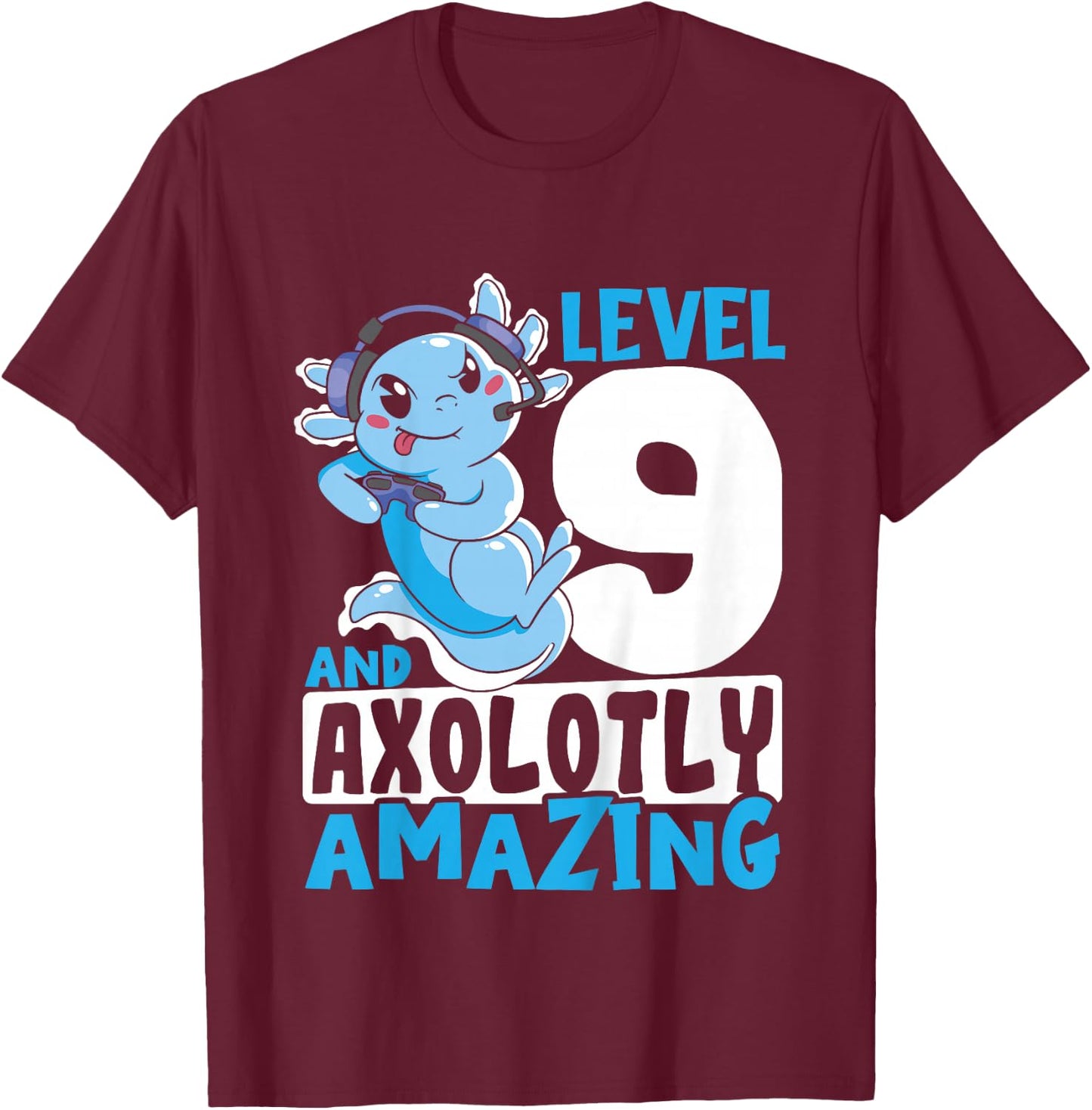 Kids Axolotl Birthday Gaming 9 Year Old Axolotl 9th Birthday T-Shirt - T-Shirt | Maroon
