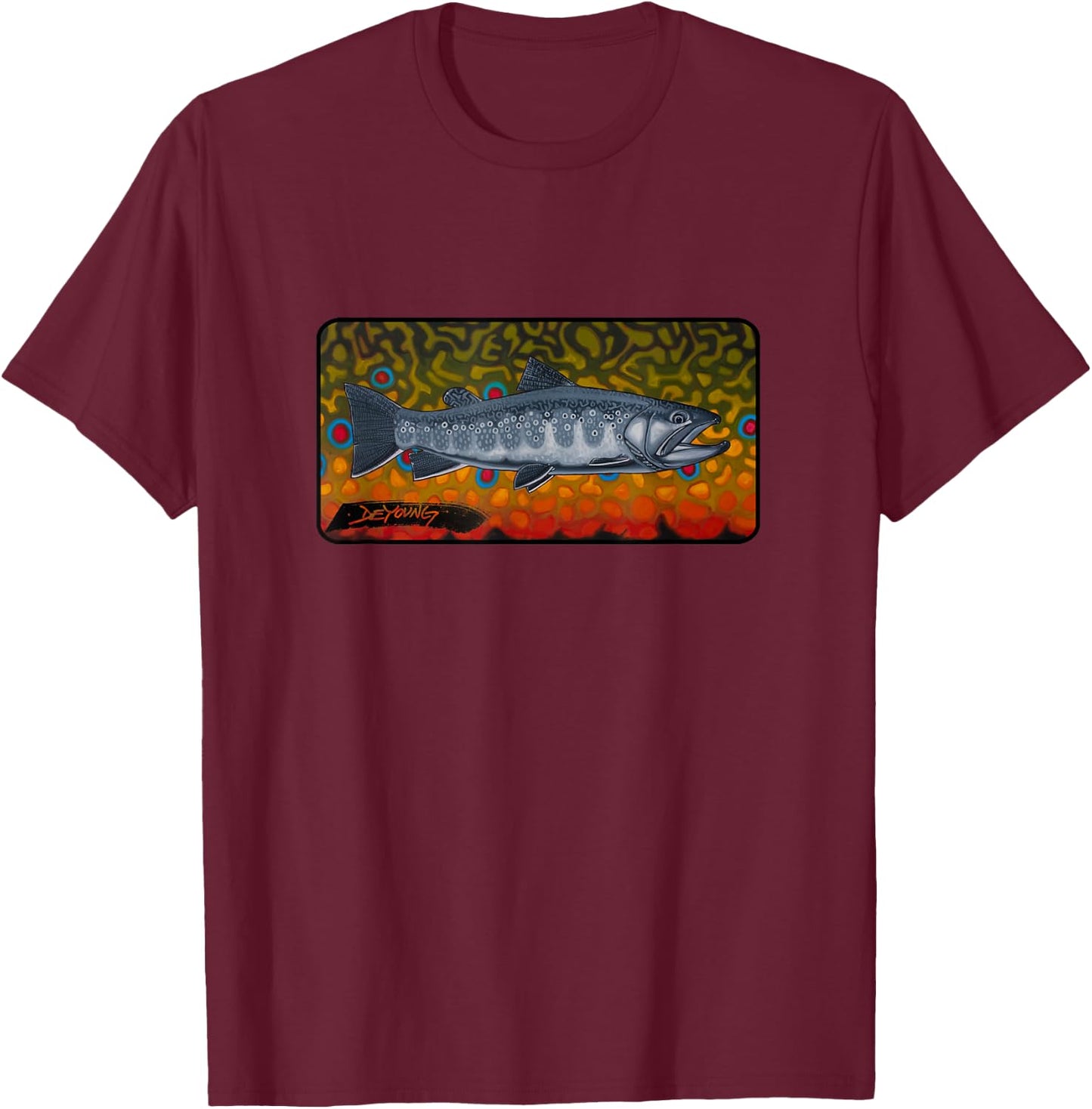 Contemporary Brook Trout Fly Fishing Derek DeYoung T-Shirt - T-Shirt | Maroon