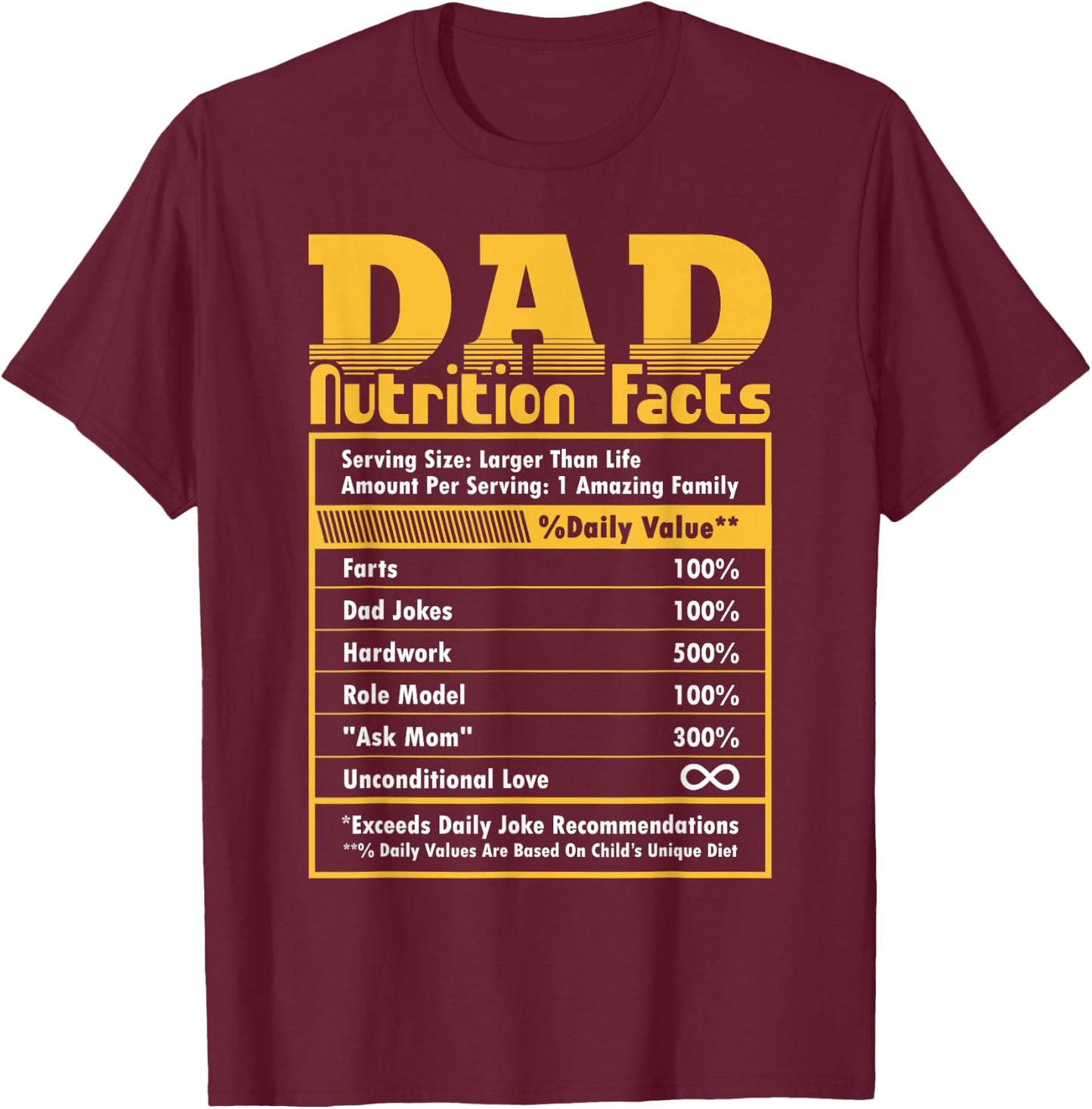 Dad Nutrition Facts Fathers Day Funny T-Shirt - T-Shirt | Maroon