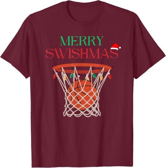 Merry Swishmas Basketball Hoop Holiday Basketball Swish T-Shirt - T-Shirt | Maroon