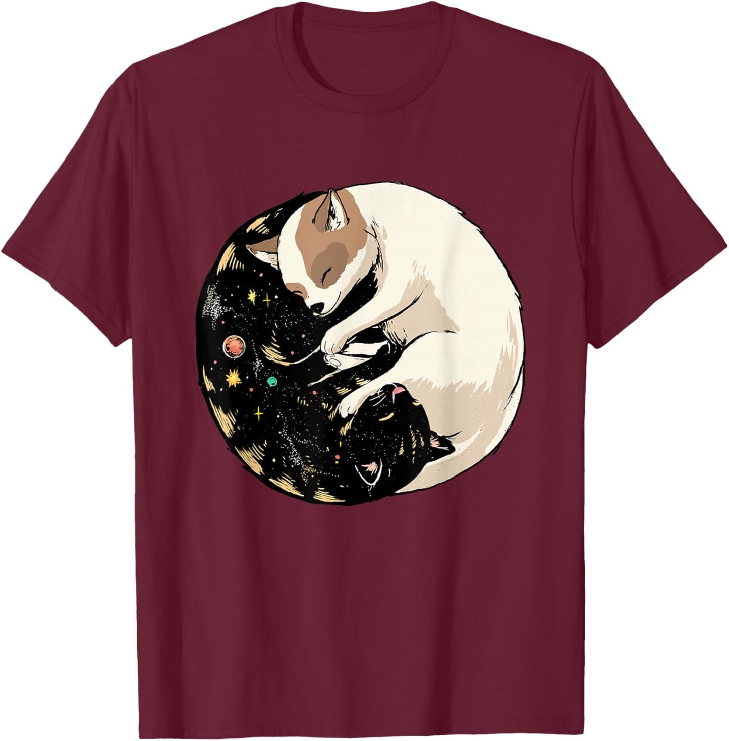 Space Cat Dog Shirt Yin Yang Cat Dog Meditation Astronomy T-Shirt - T-Shirt | Maroon
