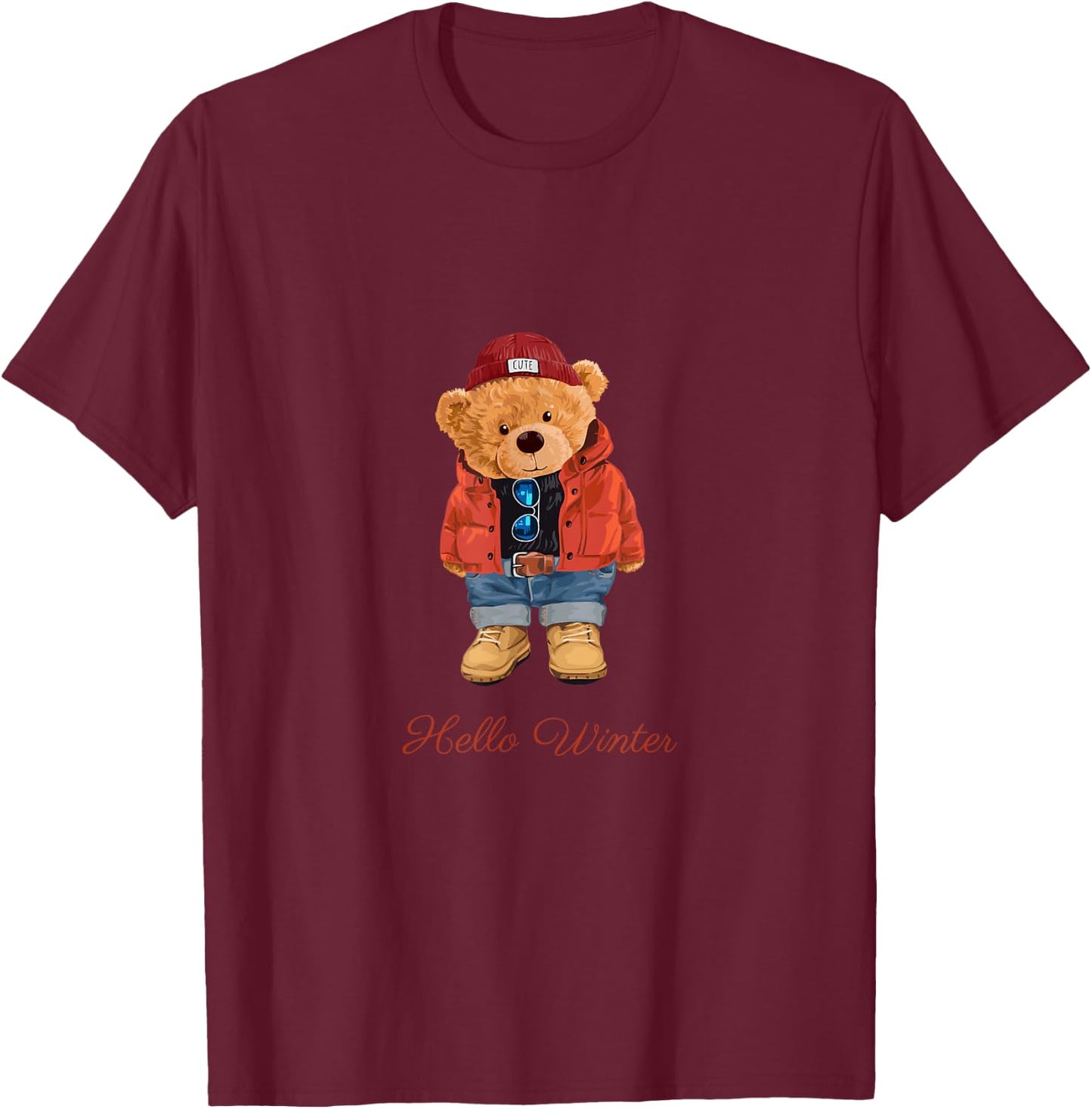 Hello Winter Cool Teddy Bear Cartoon Graphic Designs Fun T-Shirt - T-Shirt | Maroon