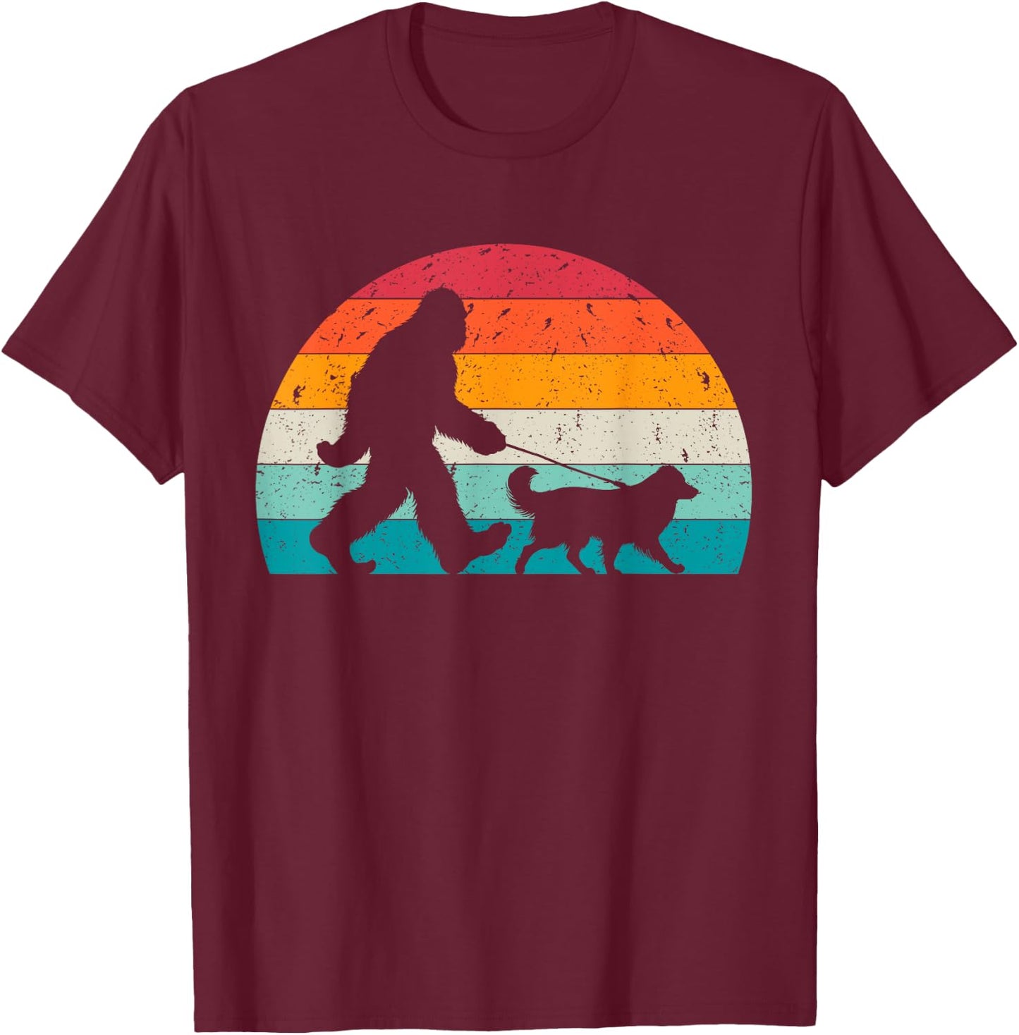 Bigfoot Walking a Dog Funny Australian Shepherd Lovers T-Shirt - T-Shirt | Maroon