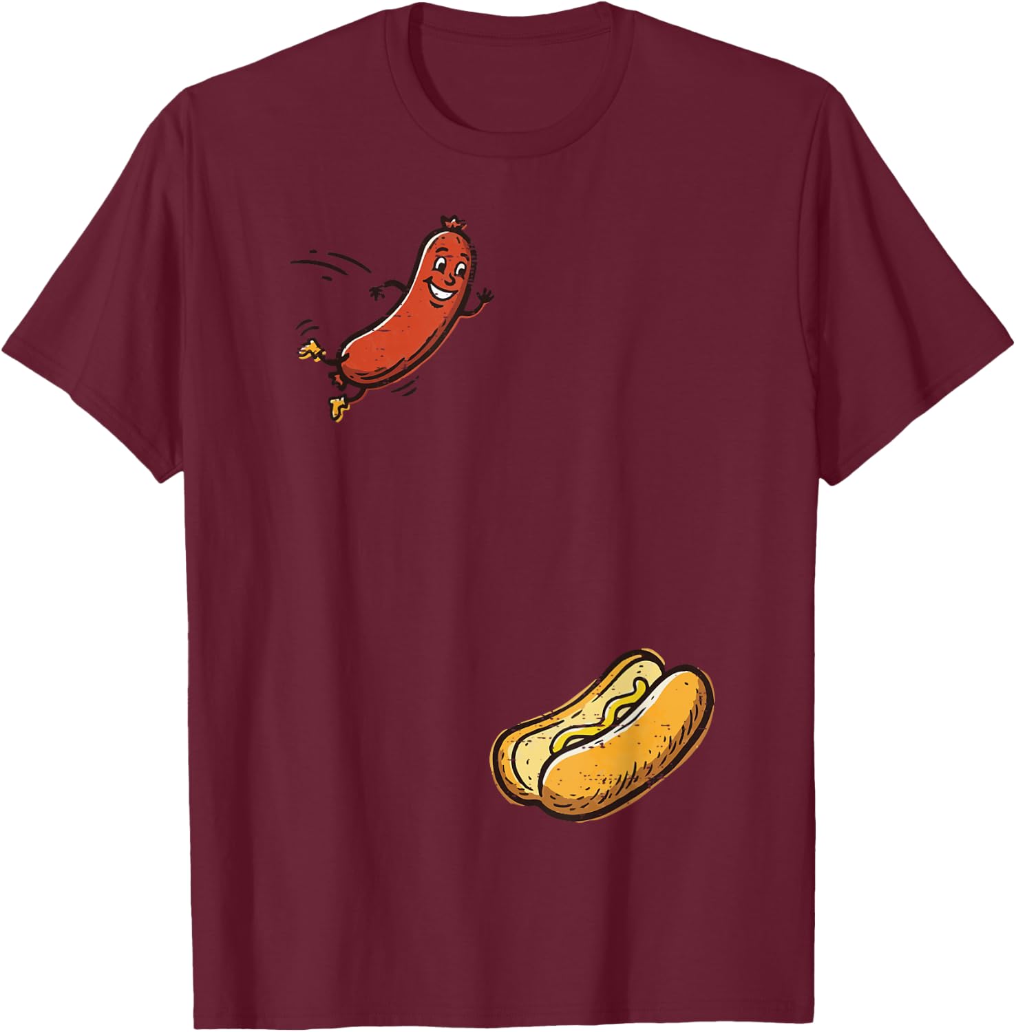 Hotdog Jumping Into Bun Funny Hot Dog Sausage Men Women Kids T-Shirt - T-Shirt | Maroon
