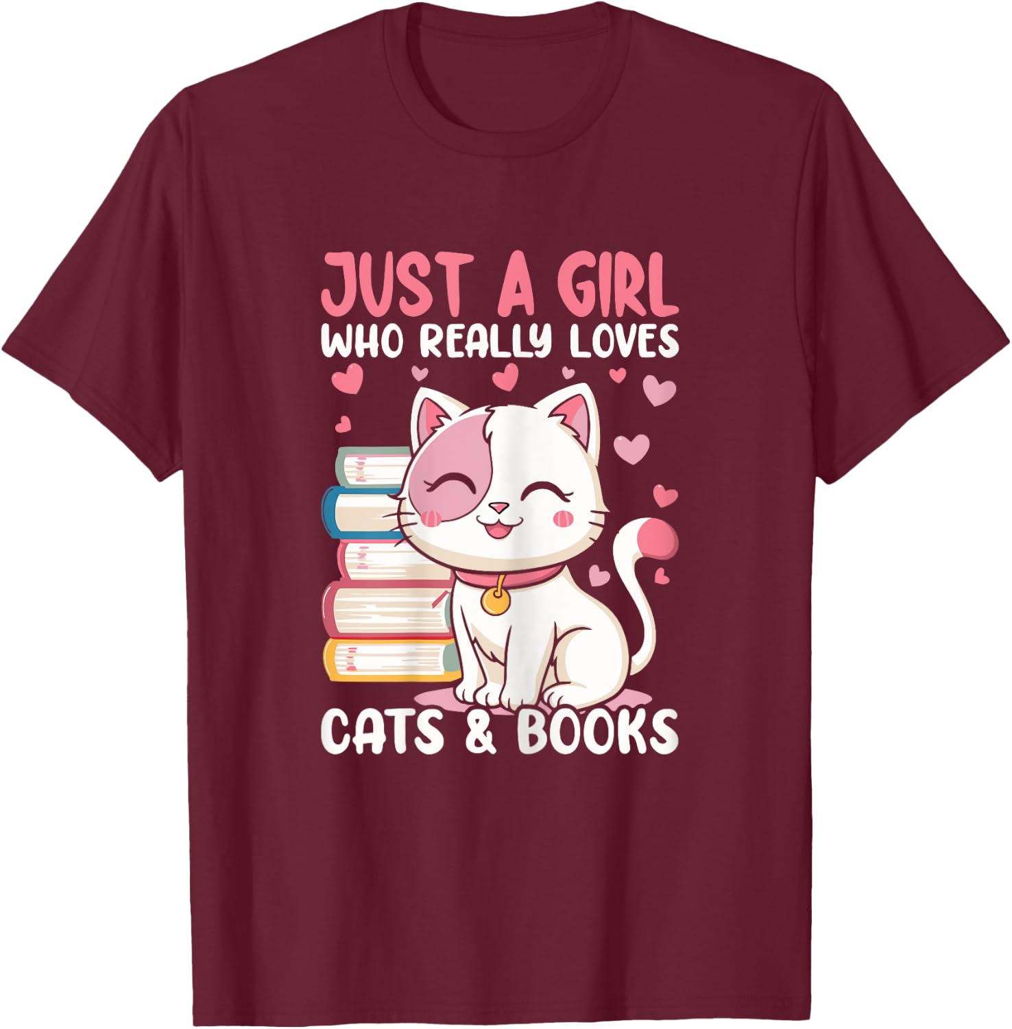 Girl Who Loves Cats and Books Cute T-Shirt - T-Shirt | Maroon