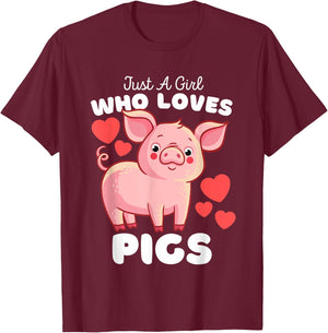 Just A Girl Who Loves Pigs - Cute Girls Piggy T-Shirt - T-Shirt | Maroon
