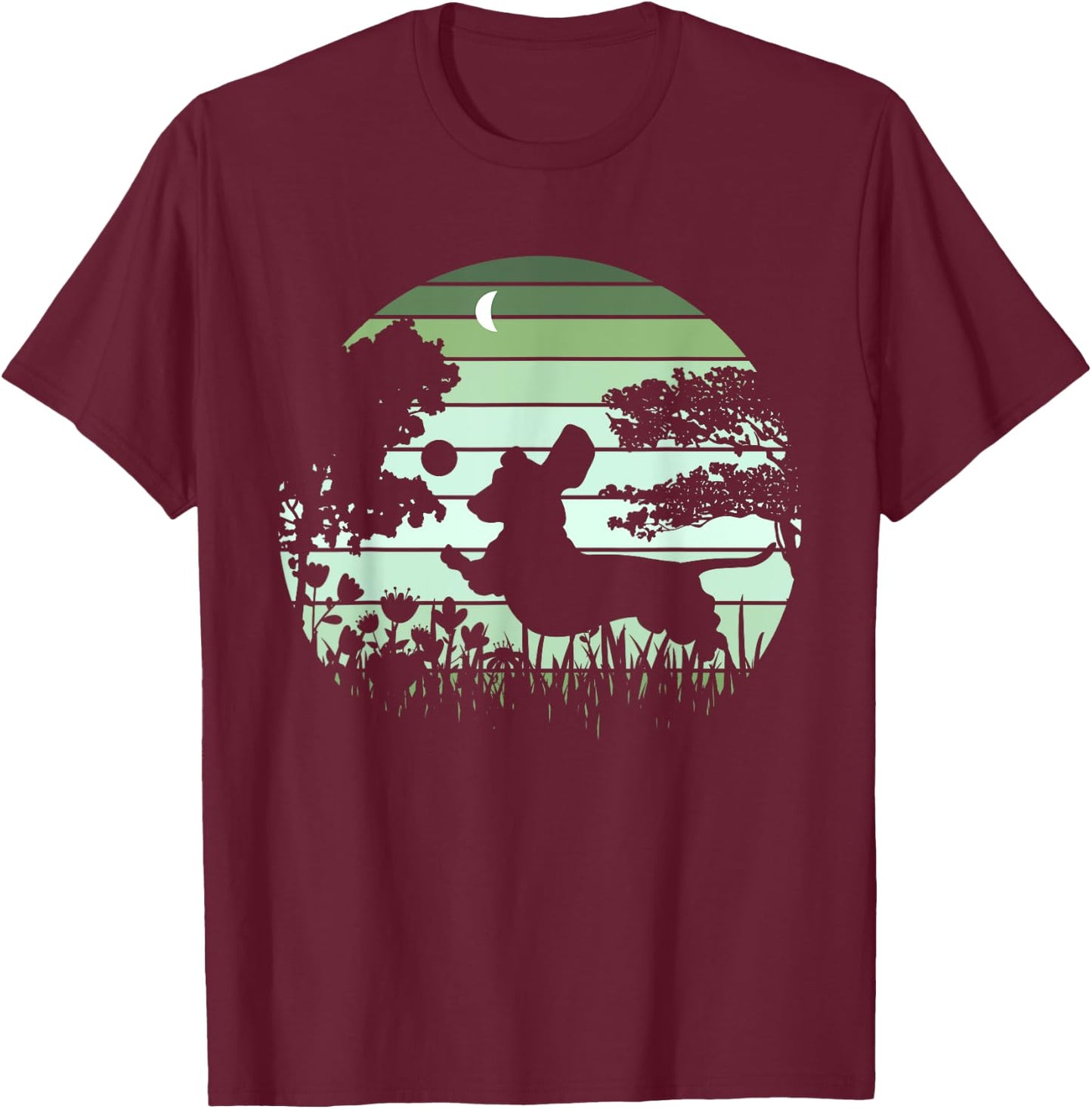 Dachshund Wiener Dog Sunset Garden Nature Lover Men Women Girls Kids T-Shirt - T-Shirt | Maroon