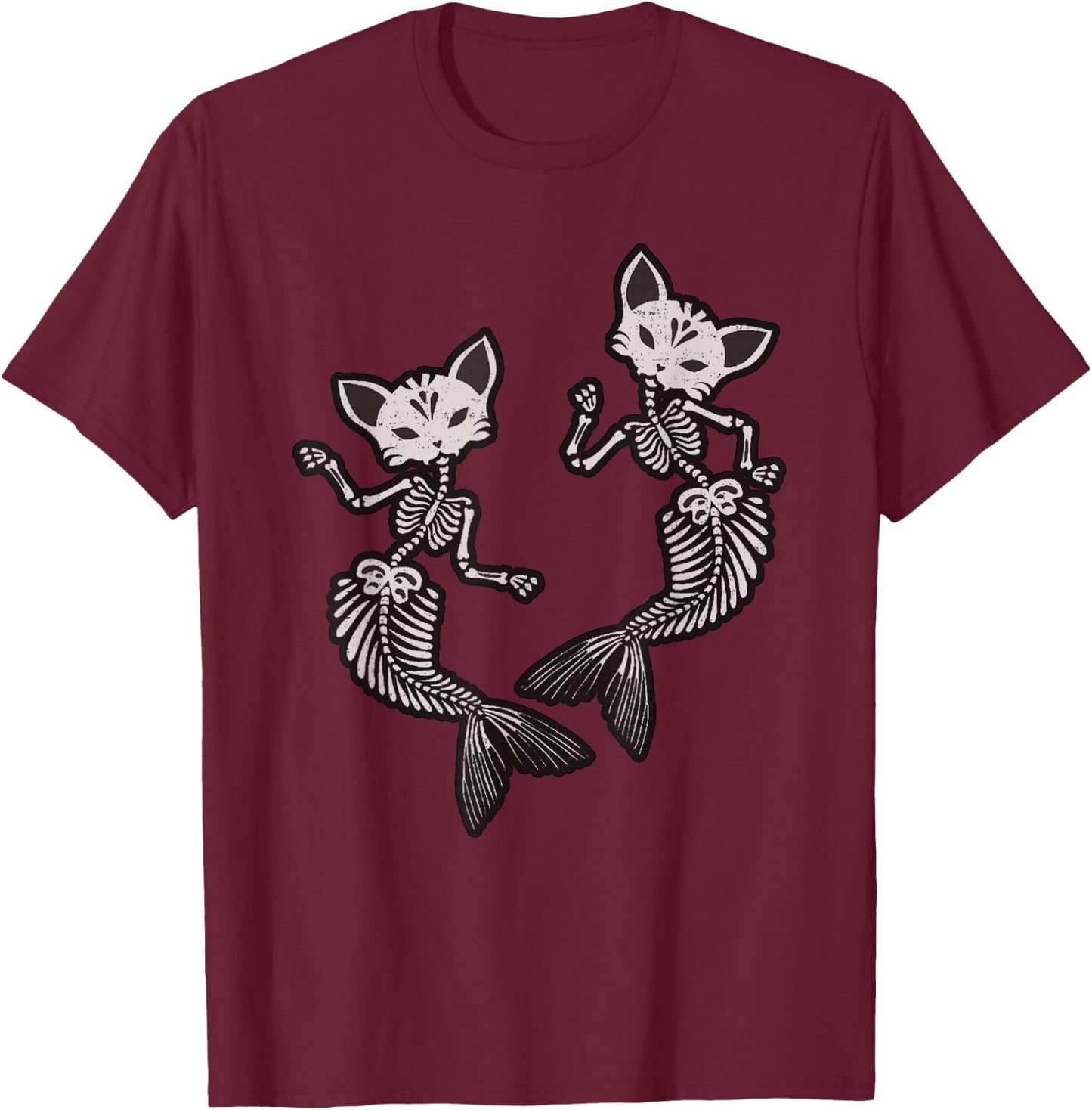 Kitty Cat Mermaid Skeleton Halloween Fantasy Men Women Kids T-Shirt - T-Shirt | Maroon